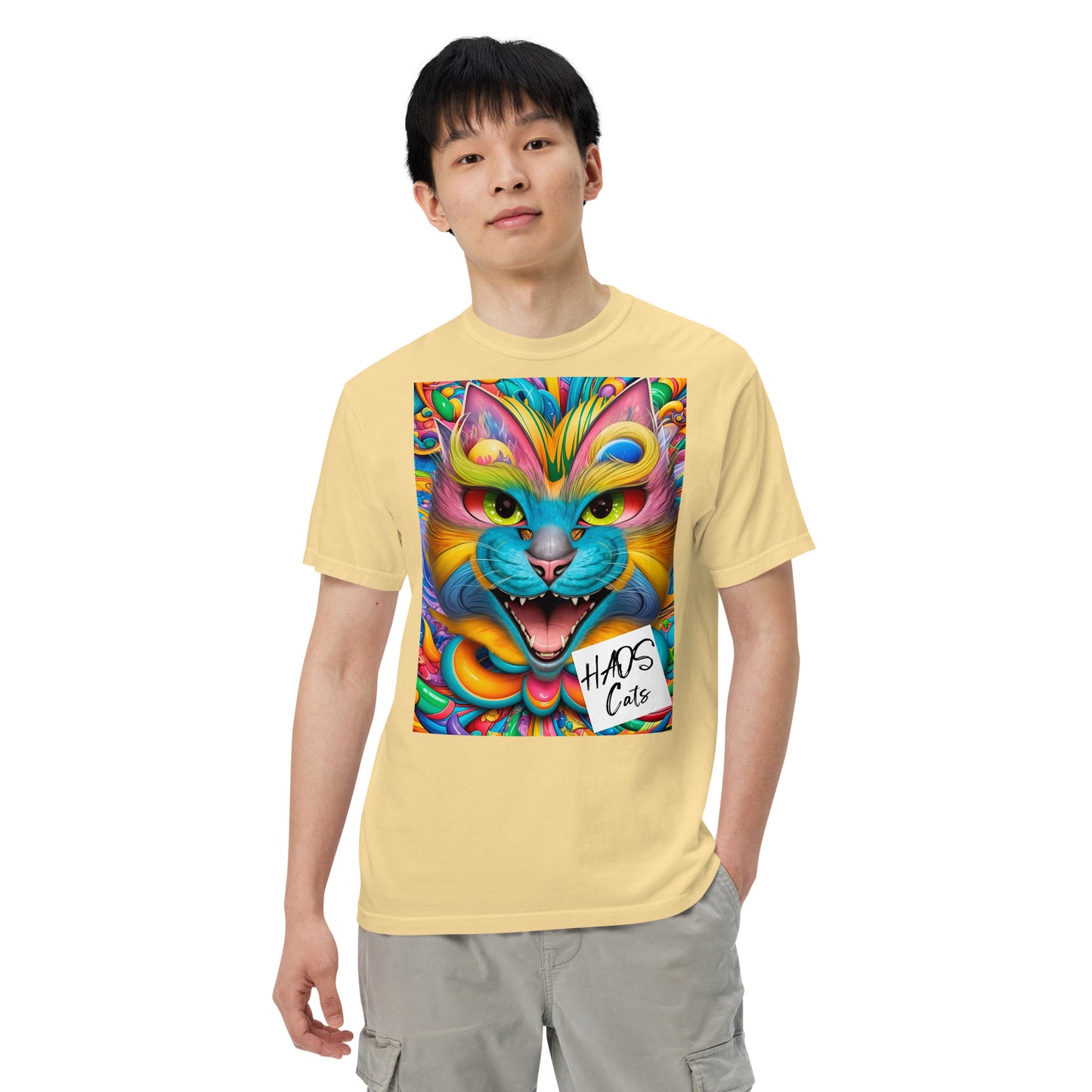 Unisex garment-dyed heavyweight t-shirt. Collection - HAOS Cats, Design - ANDRBEL STUDIO