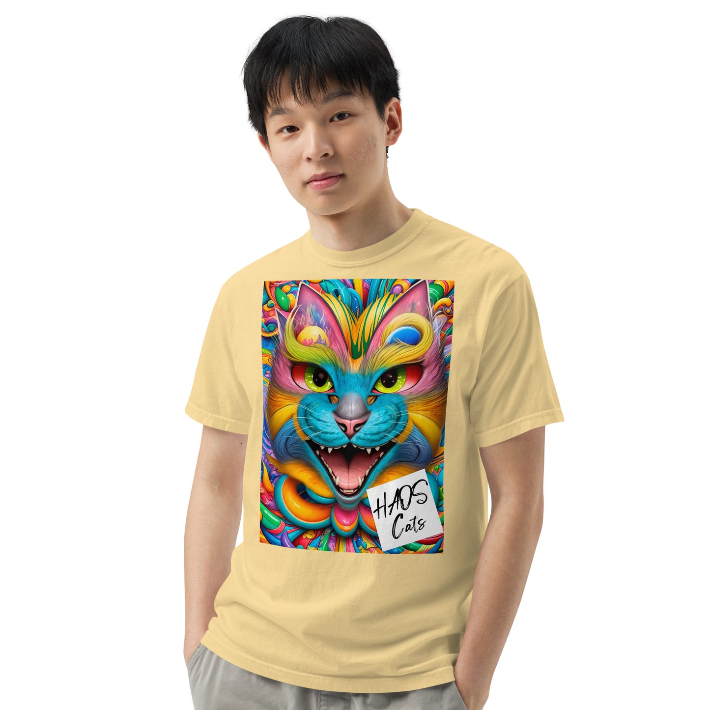 Unisex garment-dyed heavyweight t-shirt. Collection - HAOS Cats, Design - ANDRBEL STUDIO