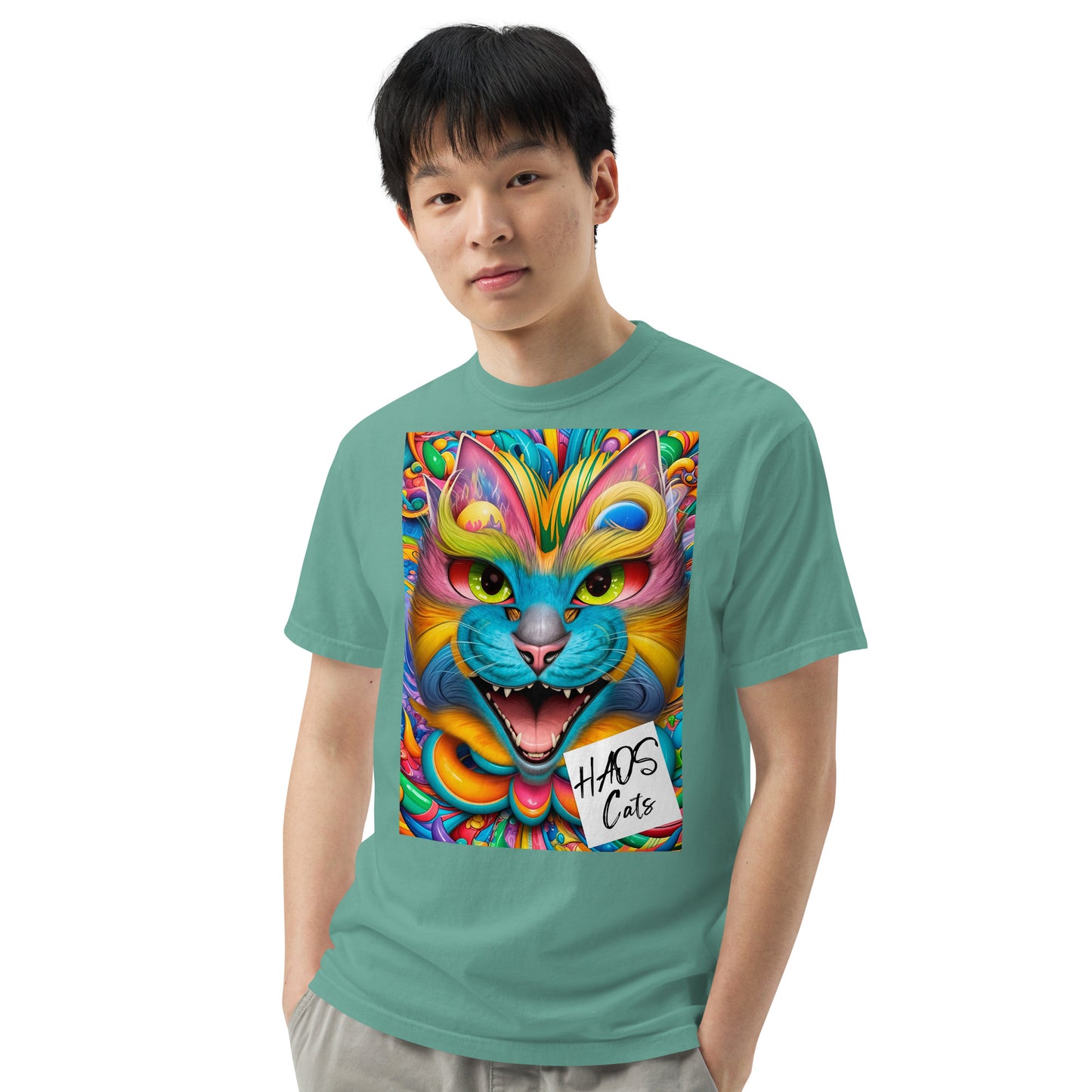 Unisex garment-dyed heavyweight t-shirt. Collection - HAOS Cats, Design - ANDRBEL STUDIO