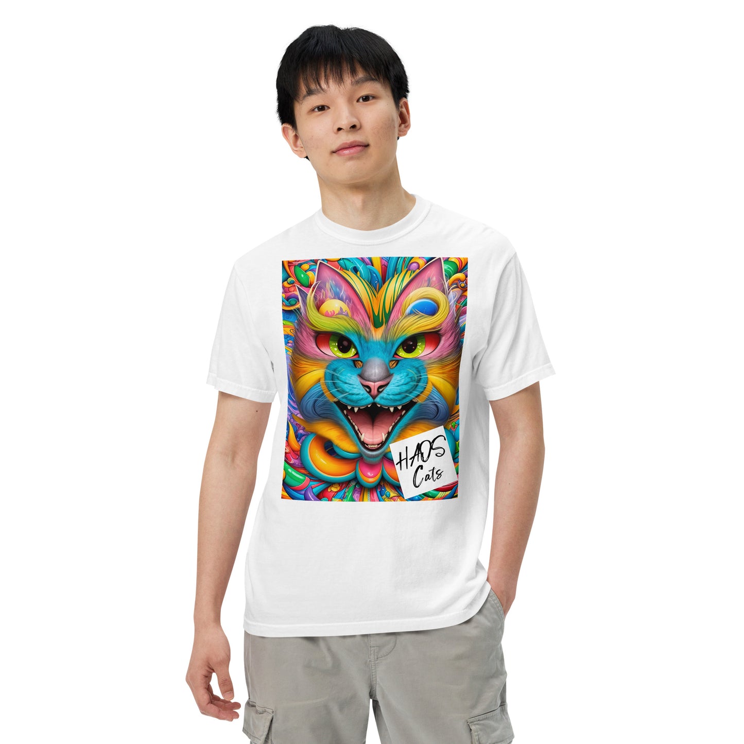 Unisex garment-dyed heavyweight t-shirt. Collection - HAOS Cats, Design - ANDRBEL STUDIO