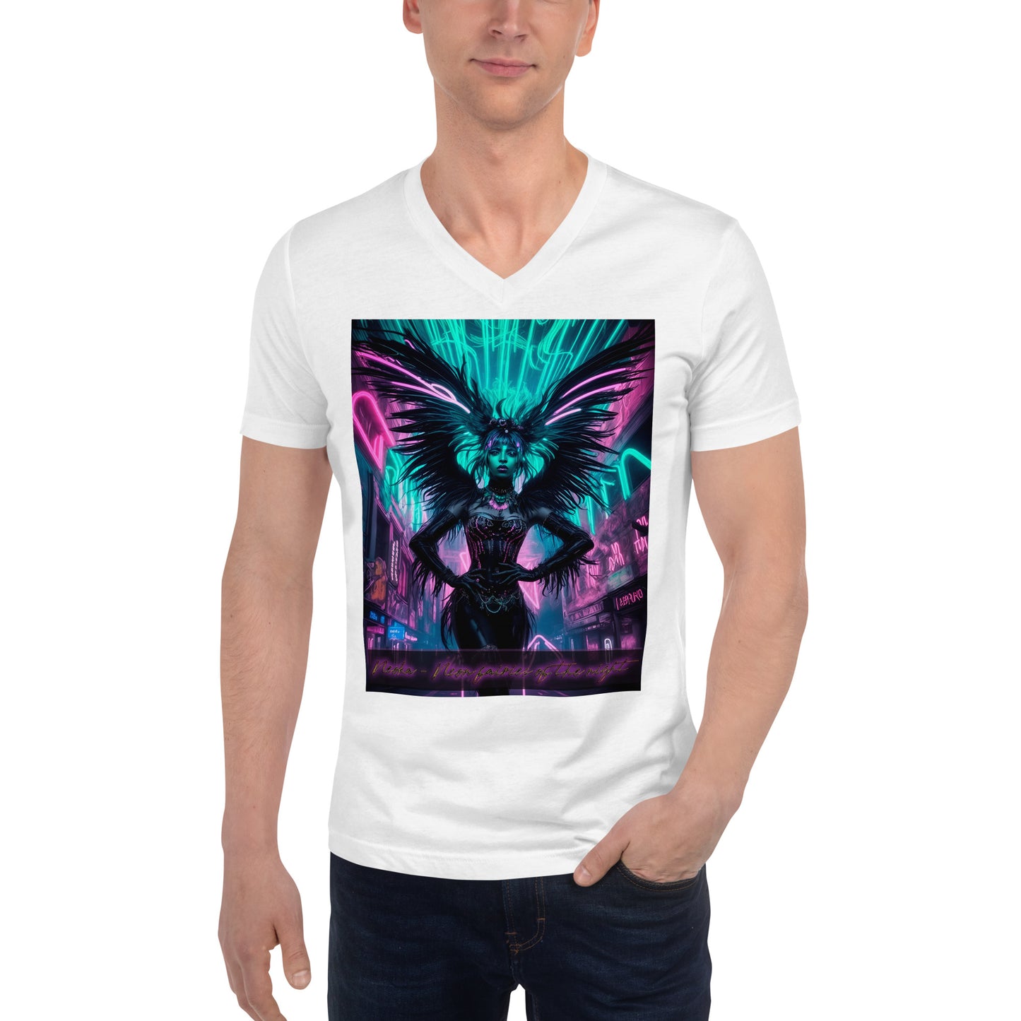 Unisex Short Sleeve V-Neck T-Shirt. Collection - Neoka-Neon fairies of the night, Design - ANDRBEL STUDIO.