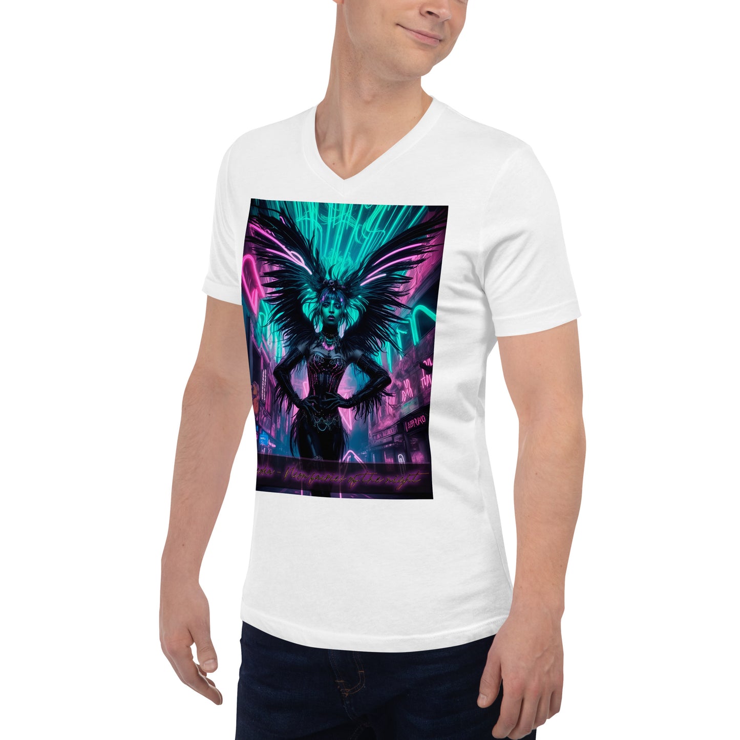 Unisex Short Sleeve V-Neck T-Shirt. Collection - Neoka-Neon fairies of the night, Design - ANDRBEL STUDIO.