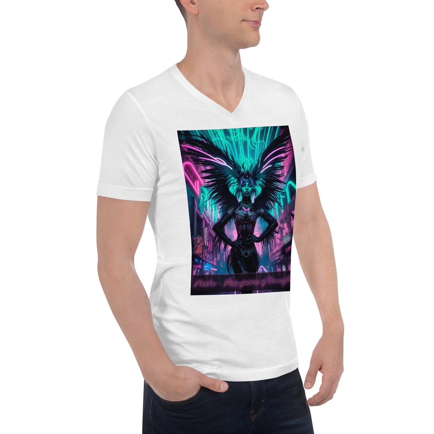 Unisex Short Sleeve V-Neck T-Shirt. Collection - Neoka-Neon fairies of the night, Design - ANDRBEL STUDIO.