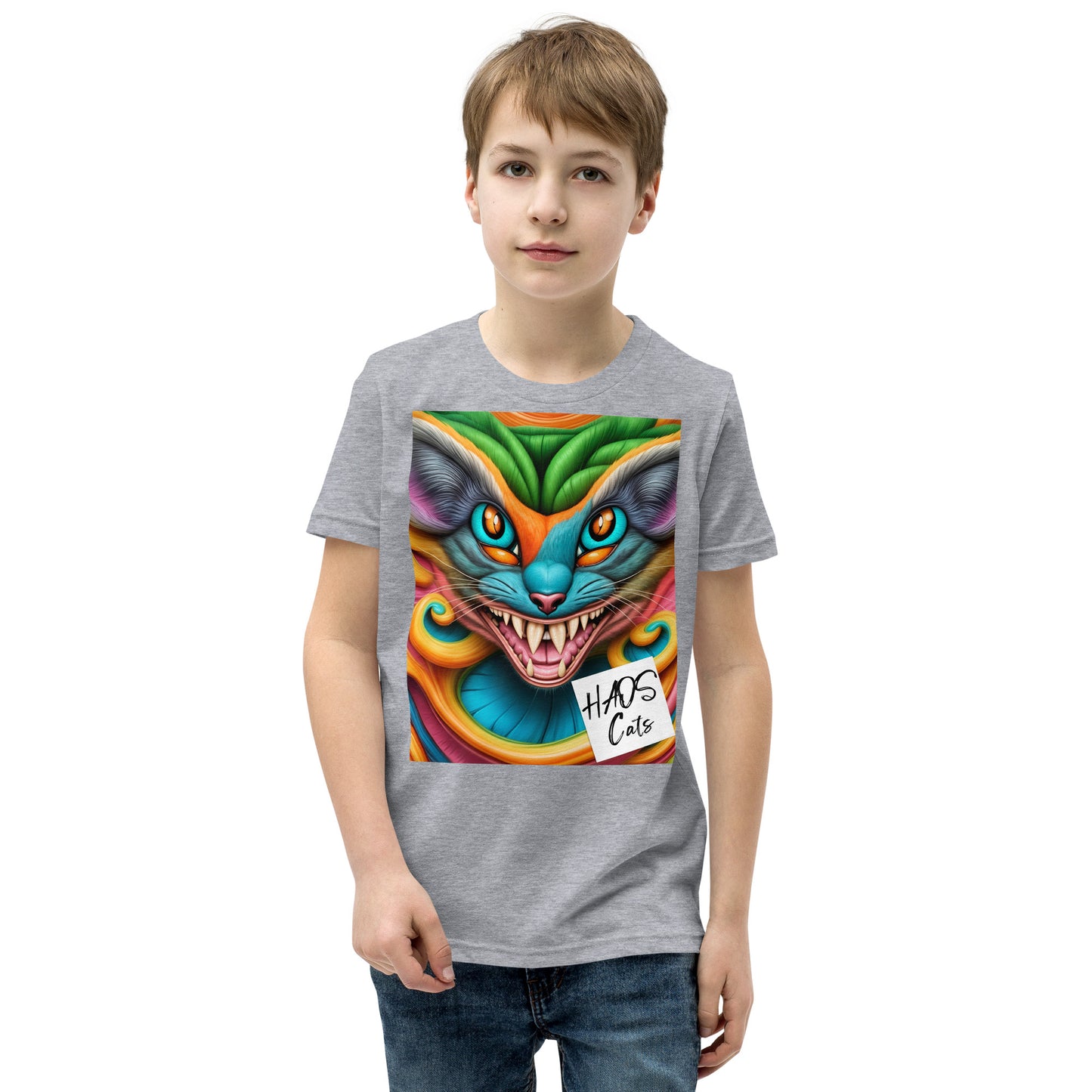 T-shirt a maniche corte per ragazzi. Collezione - HAOS Cats, Design - ANDRBEL STUDIO