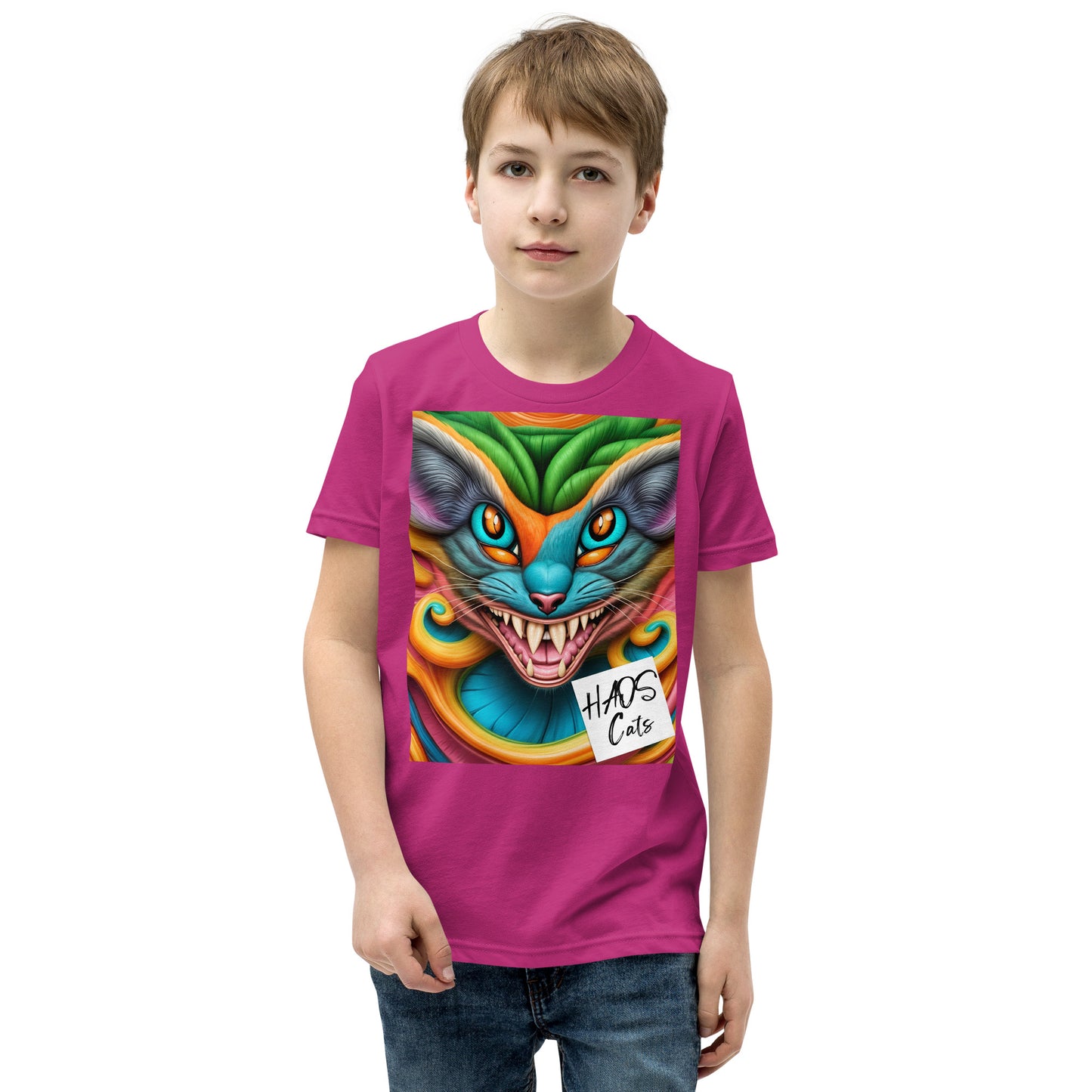 T-shirt a maniche corte per ragazzi. Collezione - HAOS Cats, Design - ANDRBEL STUDIO