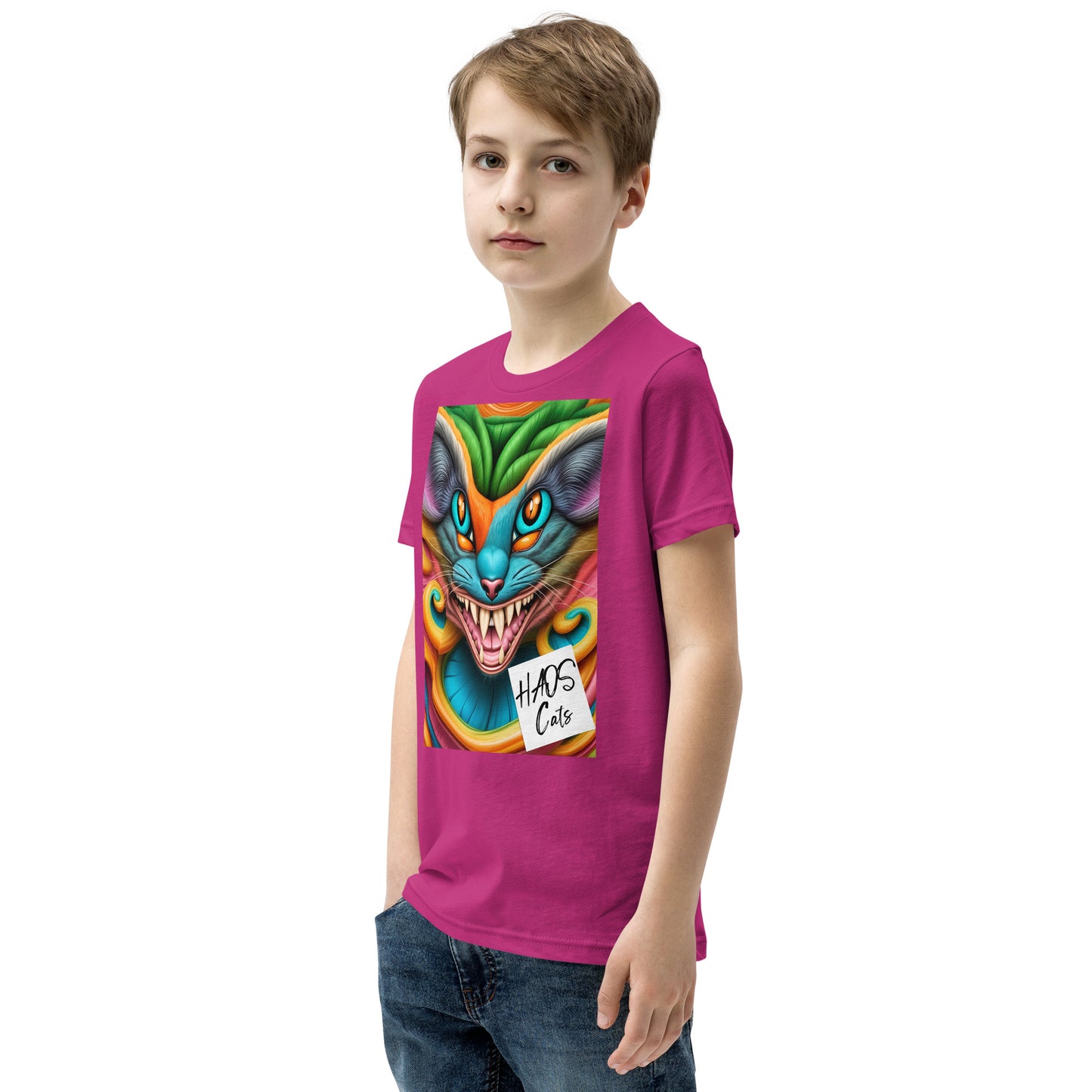 T-shirt a maniche corte per ragazzi. Collezione - HAOS Cats, Design - ANDRBEL STUDIO