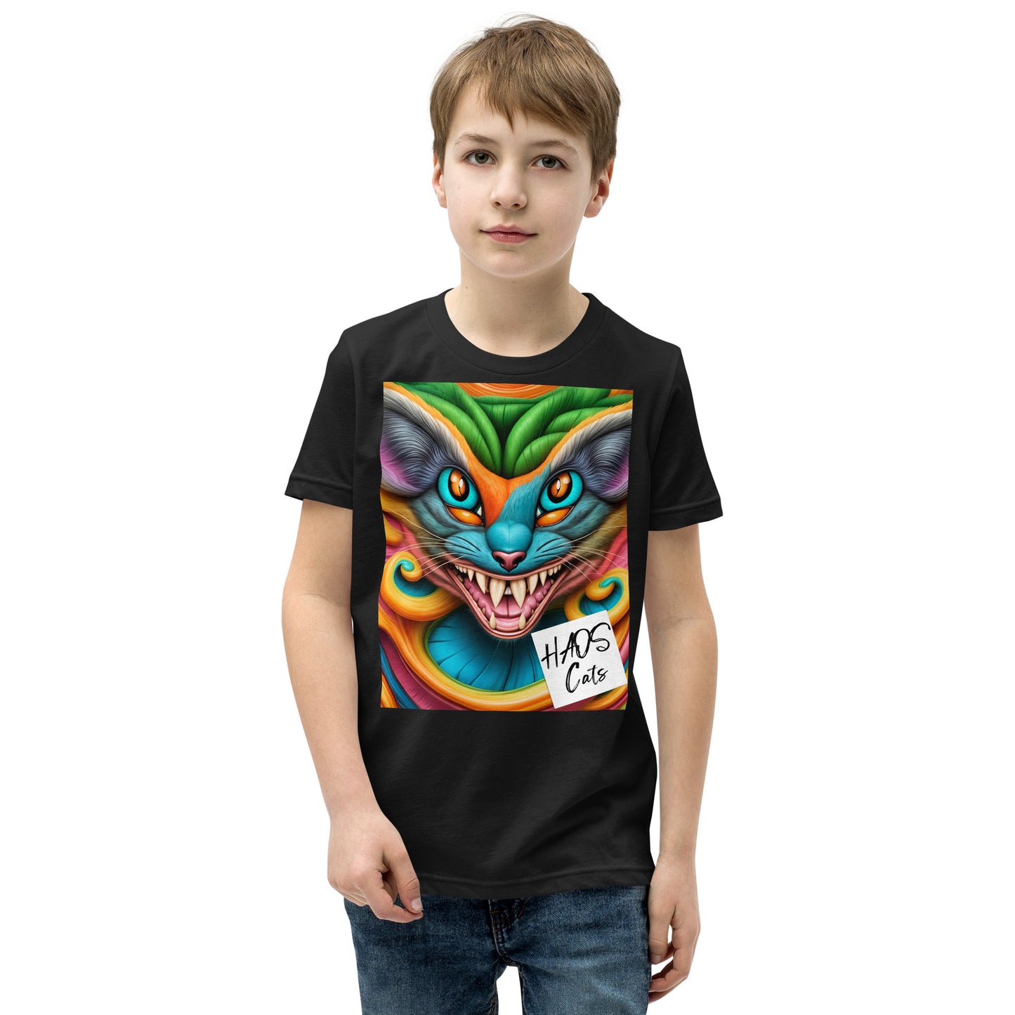 T-shirt a maniche corte per ragazzi. Collezione - HAOS Cats, Design - ANDRBEL STUDIO