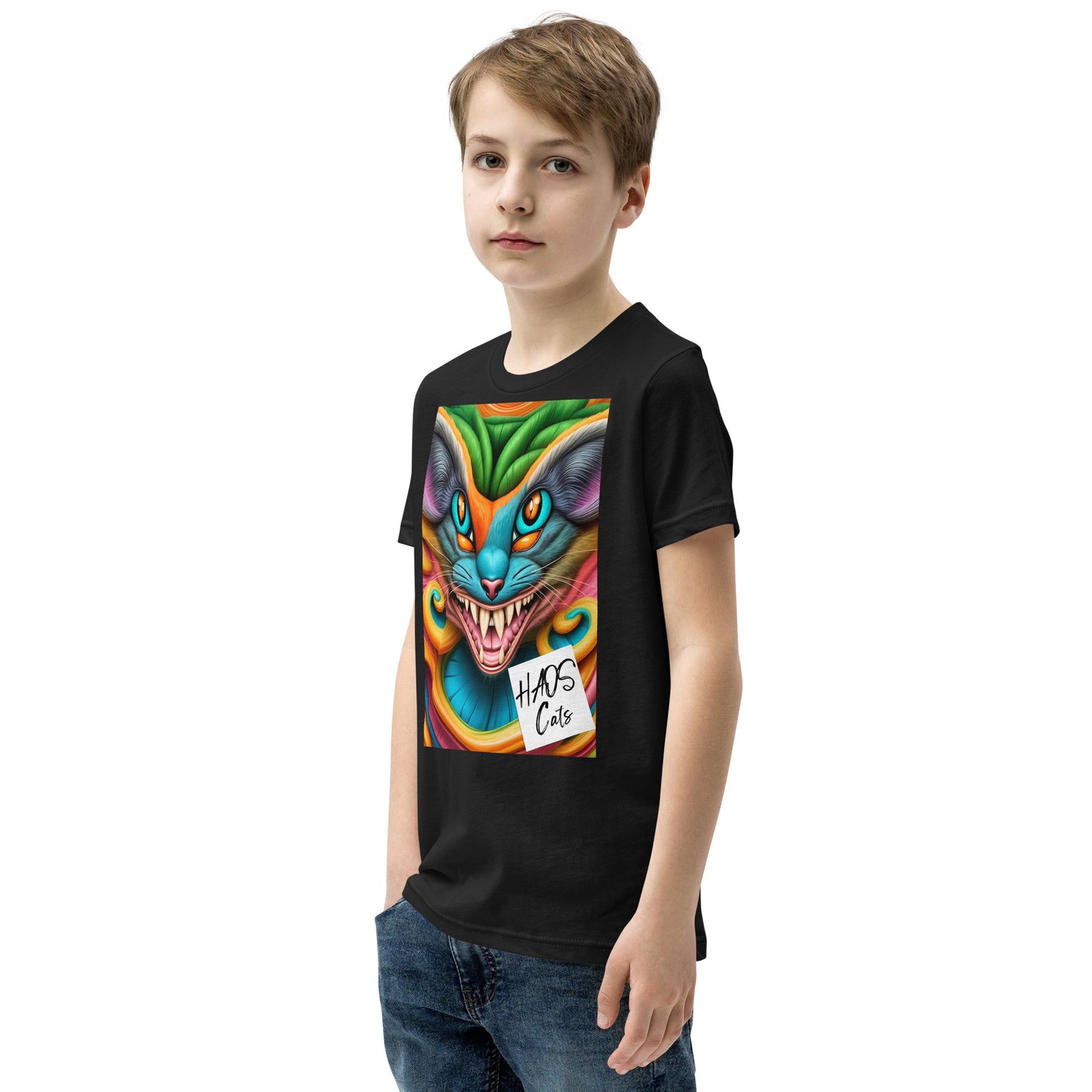 T-shirt a maniche corte per ragazzi. Collezione - HAOS Cats, Design - ANDRBEL STUDIO