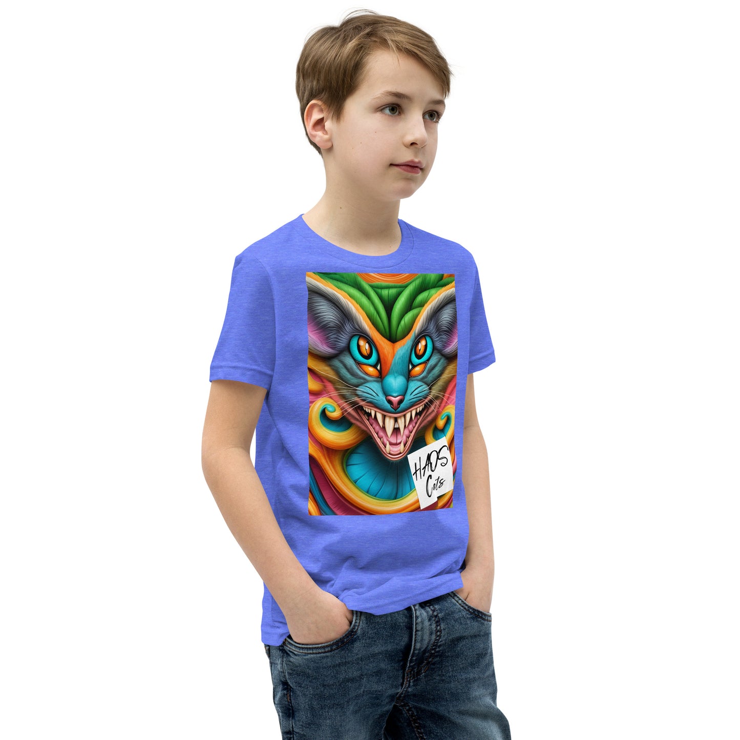 T-shirt a maniche corte per ragazzi. Collezione - HAOS Cats, Design - ANDRBEL STUDIO