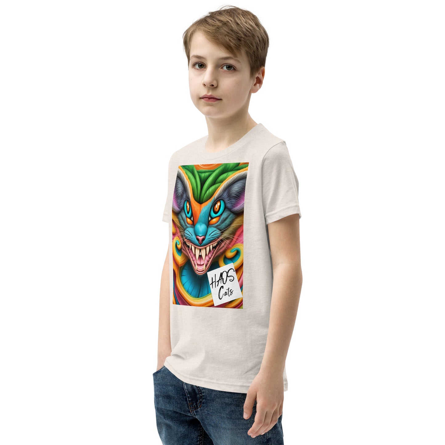 T-shirt a maniche corte per ragazzi. Collezione - HAOS Cats, Design - ANDRBEL STUDIO