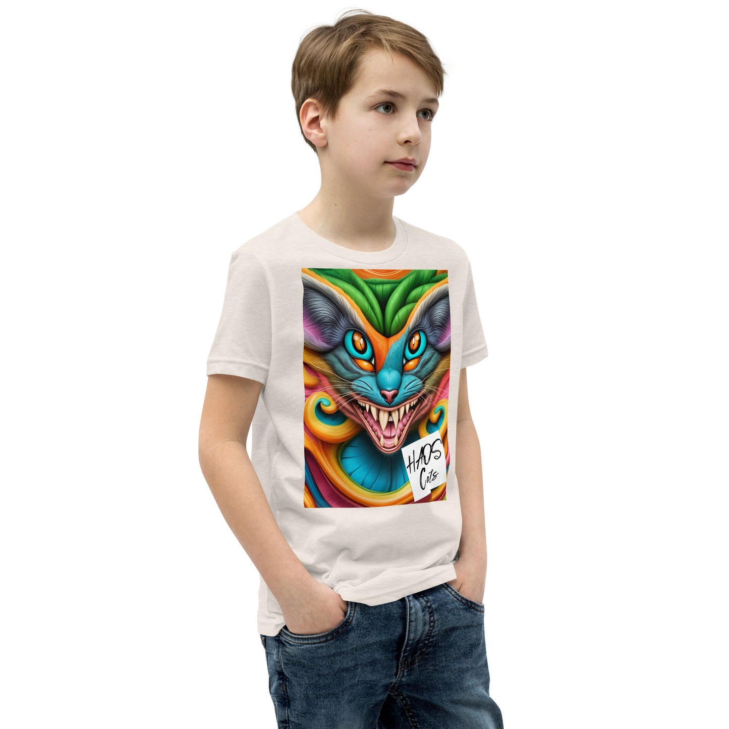 T-shirt a maniche corte per ragazzi. Collezione - HAOS Cats, Design - ANDRBEL STUDIO