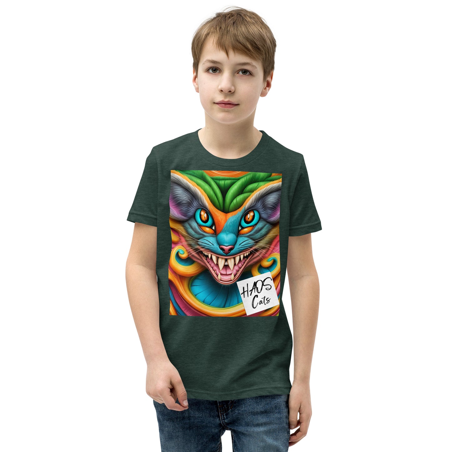 T-shirt a maniche corte per ragazzi. Collezione - HAOS Cats, Design - ANDRBEL STUDIO