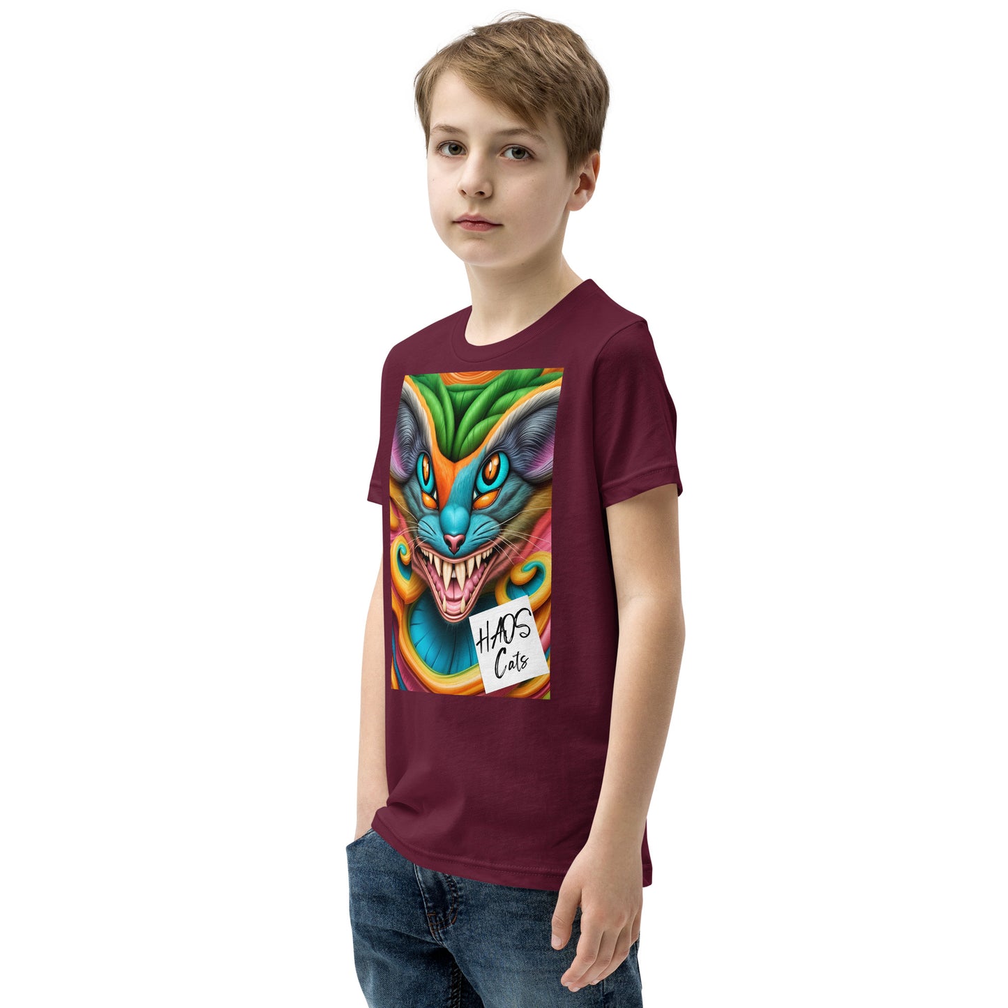 T-shirt a maniche corte per ragazzi. Collezione - HAOS Cats, Design - ANDRBEL STUDIO