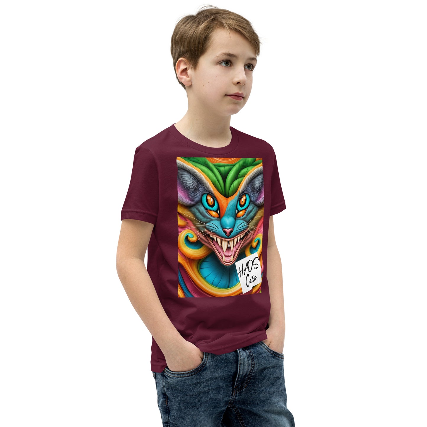 T-shirt a maniche corte per ragazzi. Collezione - HAOS Cats, Design - ANDRBEL STUDIO