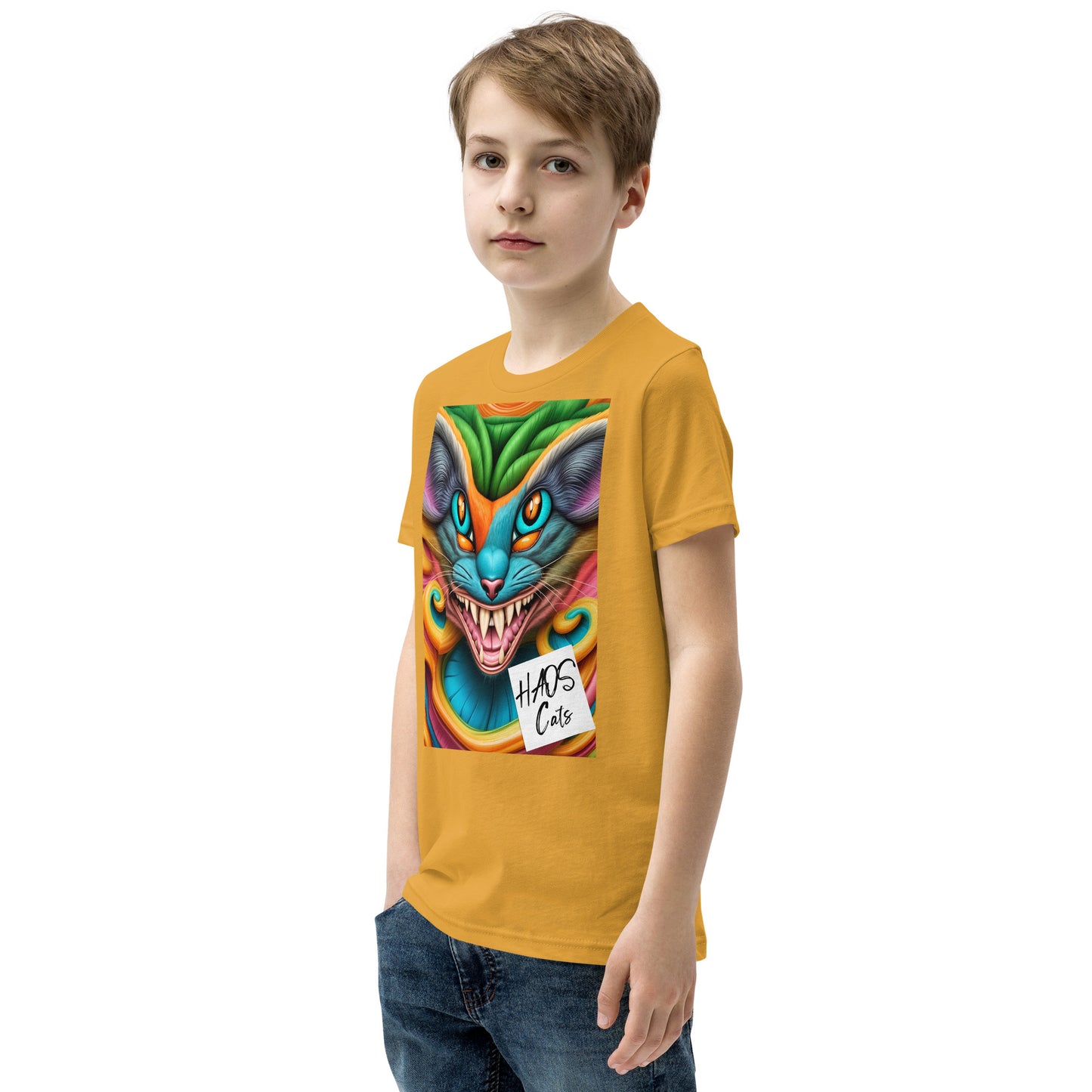 T-shirt a maniche corte per ragazzi. Collezione - HAOS Cats, Design - ANDRBEL STUDIO