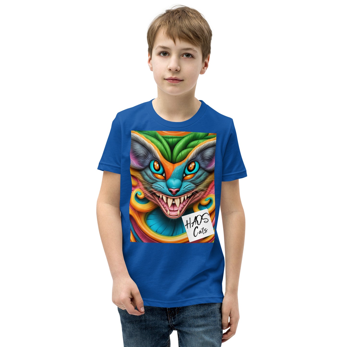 T-shirt a maniche corte per ragazzi. Collezione - HAOS Cats, Design - ANDRBEL STUDIO
