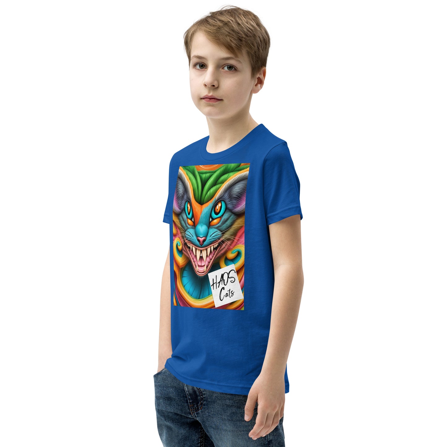T-shirt a maniche corte per ragazzi. Collezione - HAOS Cats, Design - ANDRBEL STUDIO