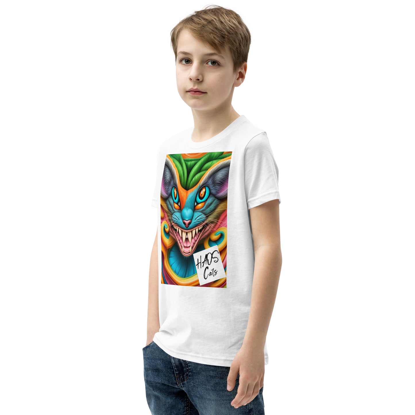 T-shirt a maniche corte per ragazzi. Collezione - HAOS Cats, Design - ANDRBEL STUDIO