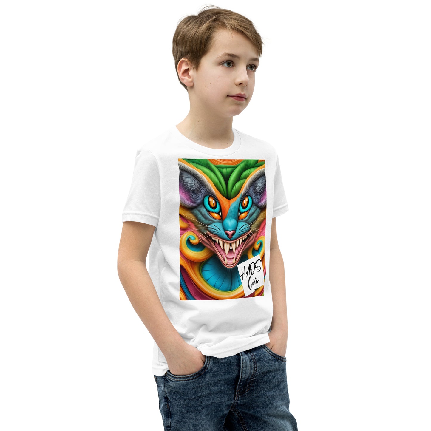T-shirt a maniche corte per ragazzi. Collezione - HAOS Cats, Design - ANDRBEL STUDIO