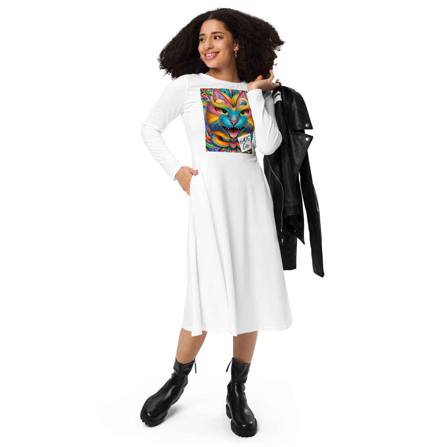 All-over print long sleeve midi dress. Collection - HAOS Cats, Design - ANDRBEL STUDIO