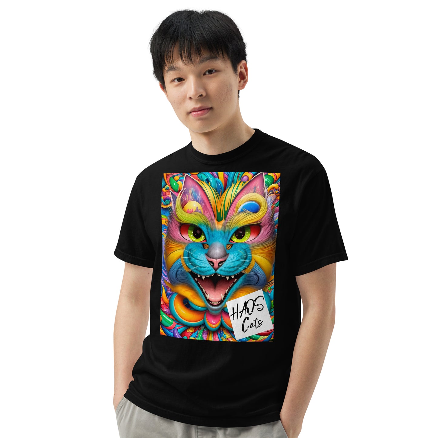 T-shirt unisex pesante, tinta in capo. Collezione - HAOS Cats, Design - ANDRBEL STUDIO