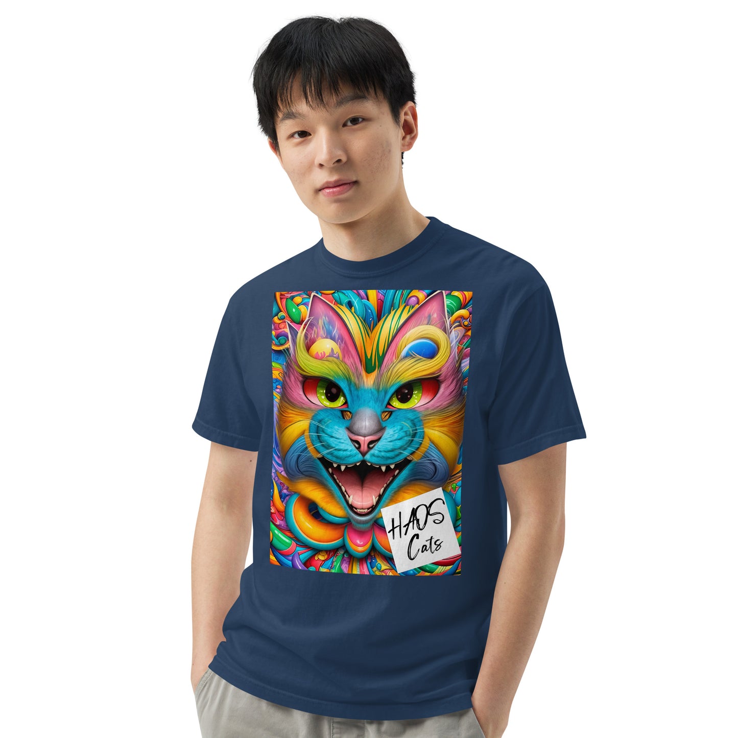 T-shirt unisex pesante, tinta in capo. Collezione - HAOS Cats, Design - ANDRBEL STUDIO