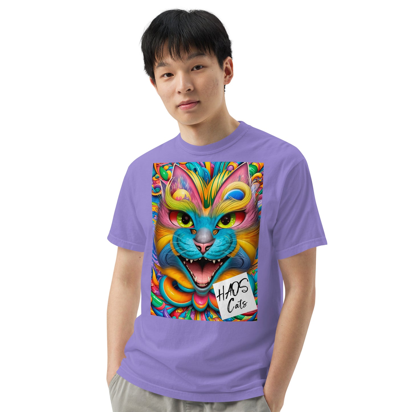 T-shirt unisex pesante, tinta in capo. Collezione - HAOS Cats, Design - ANDRBEL STUDIO