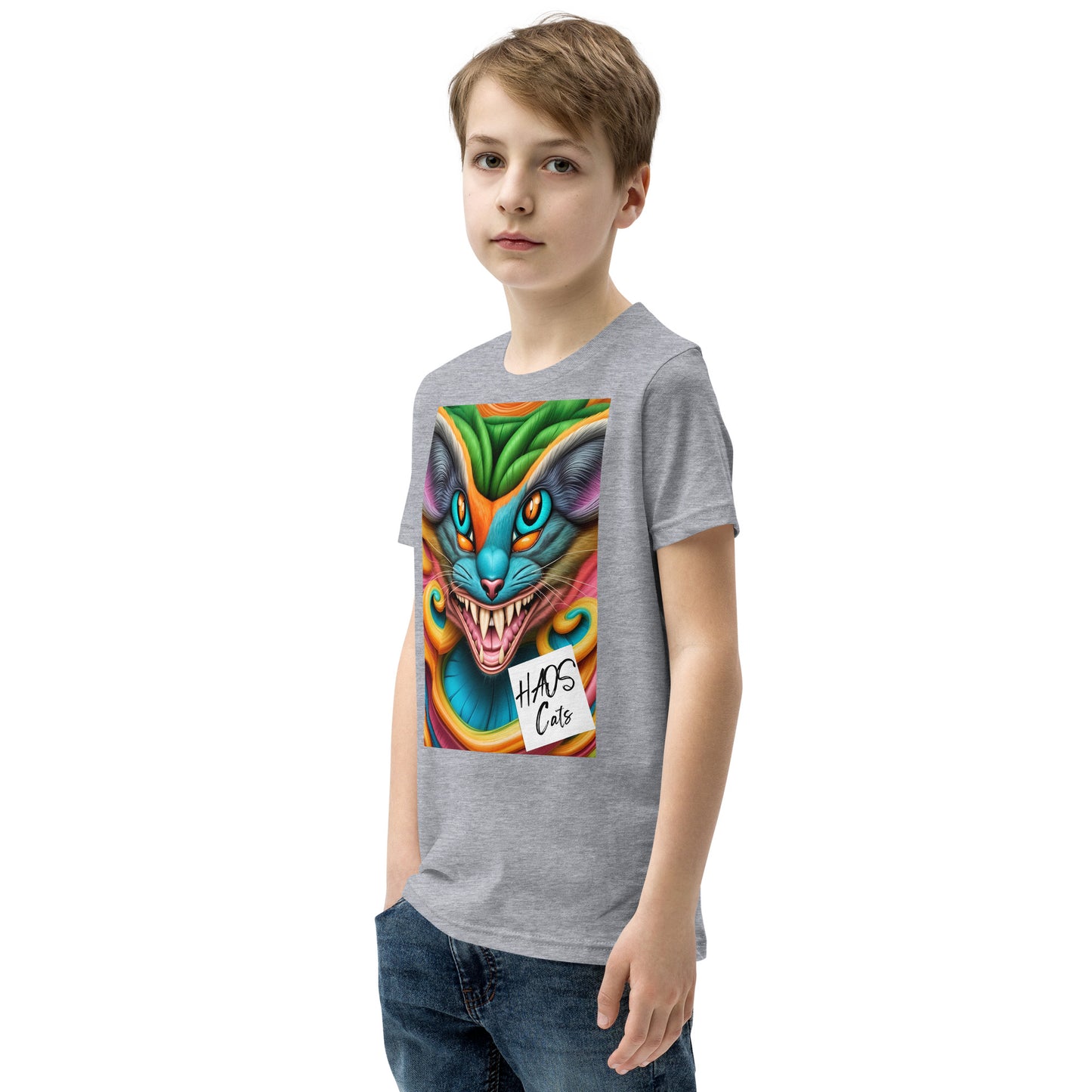 T-shirt a maniche corte per ragazzi. Collezione - HAOS Cats, Design - ANDRBEL STUDIO