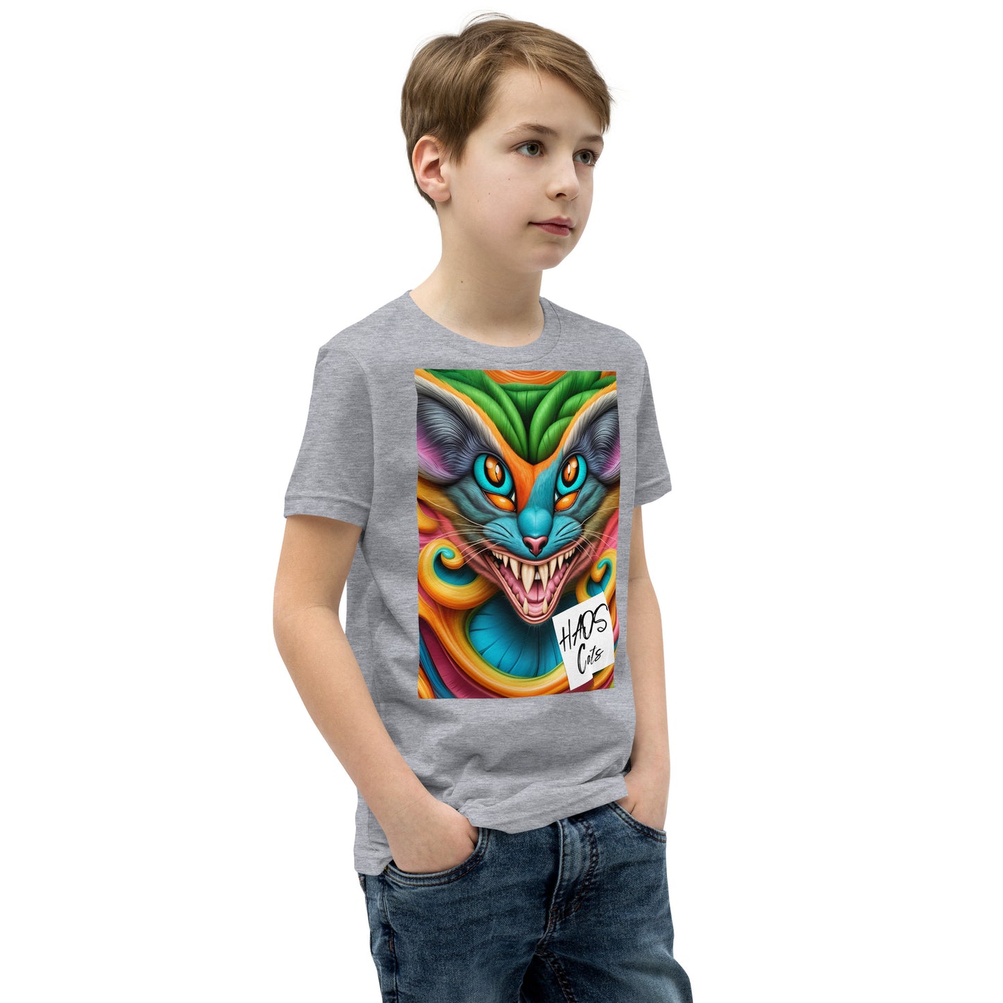 T-shirt a maniche corte per ragazzi. Collezione - HAOS Cats, Design - ANDRBEL STUDIO