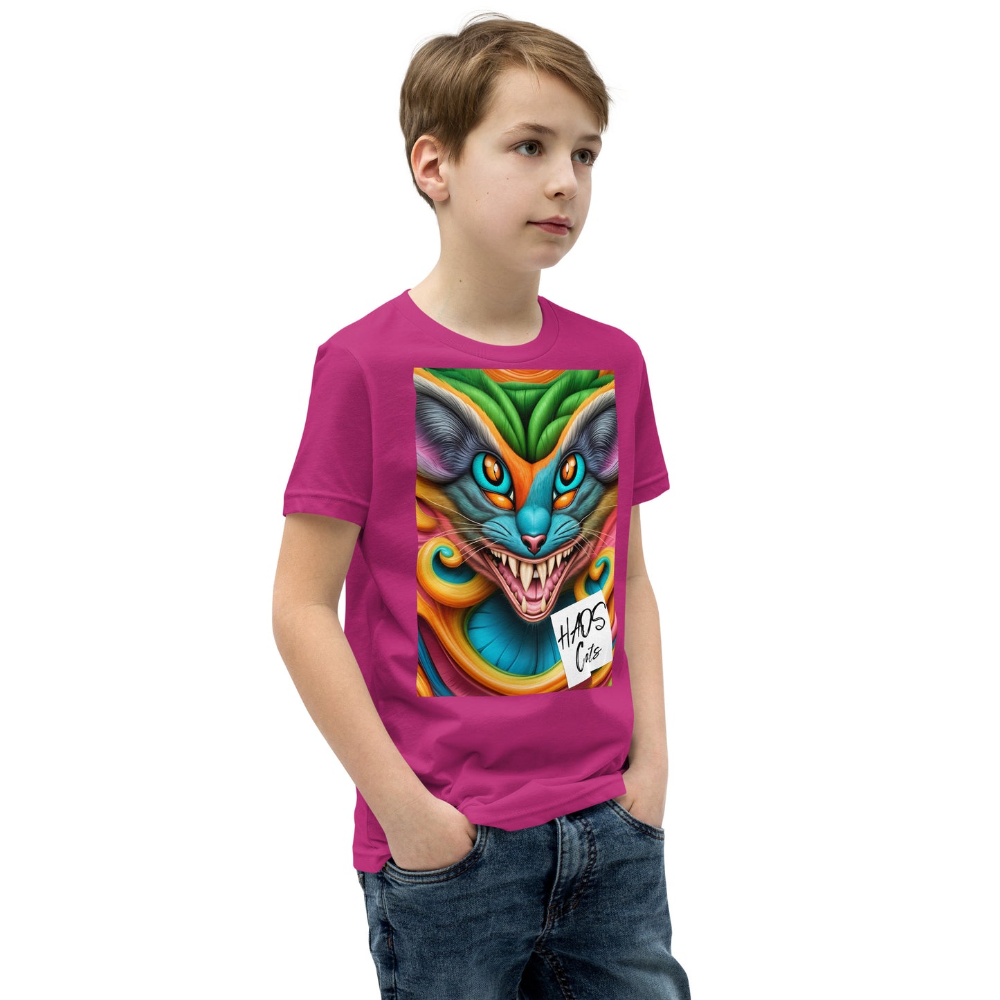 T-shirt a maniche corte per ragazzi. Collezione - HAOS Cats, Design - ANDRBEL STUDIO