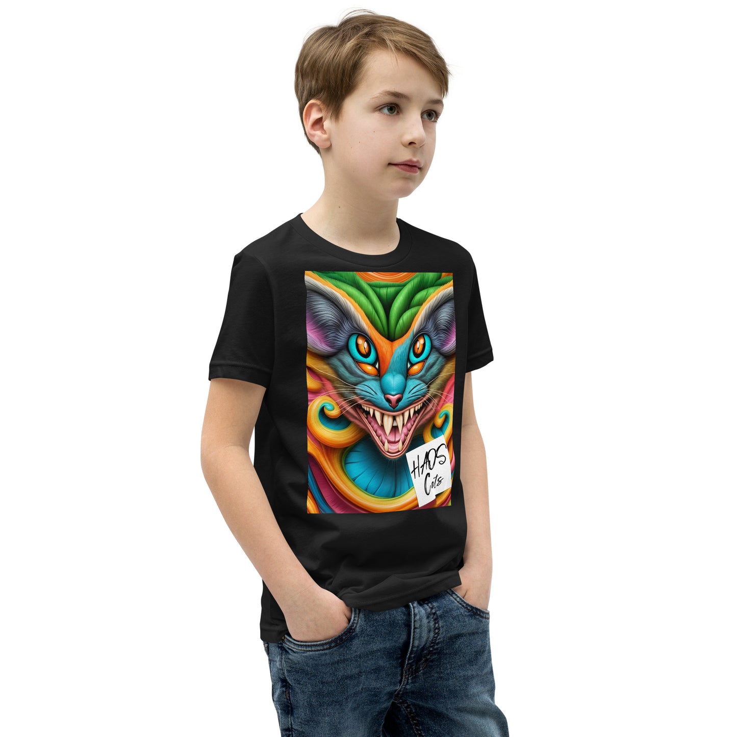 T-shirt a maniche corte per ragazzi. Collezione - HAOS Cats, Design - ANDRBEL STUDIO