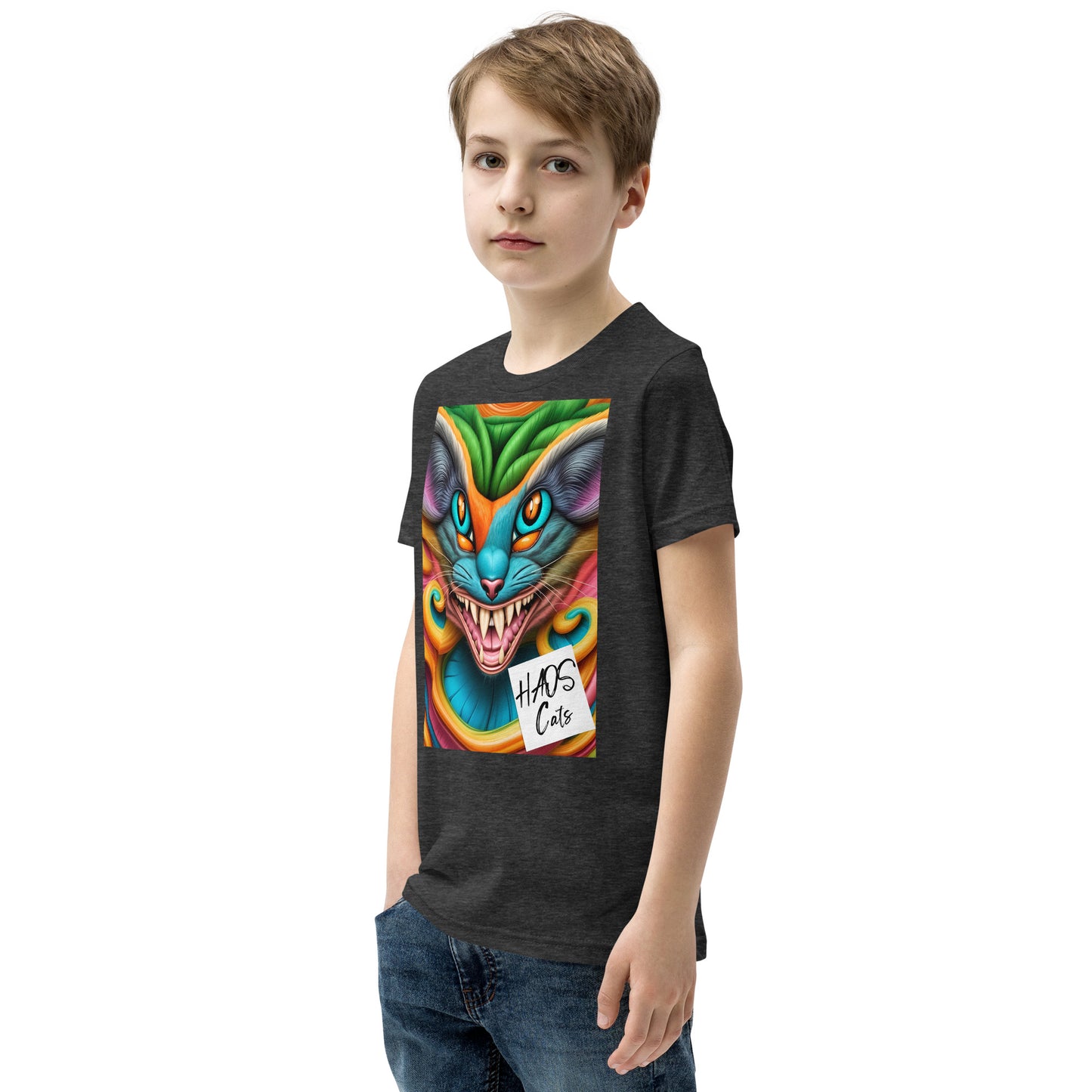 T-shirt a maniche corte per ragazzi. Collezione - HAOS Cats, Design - ANDRBEL STUDIO