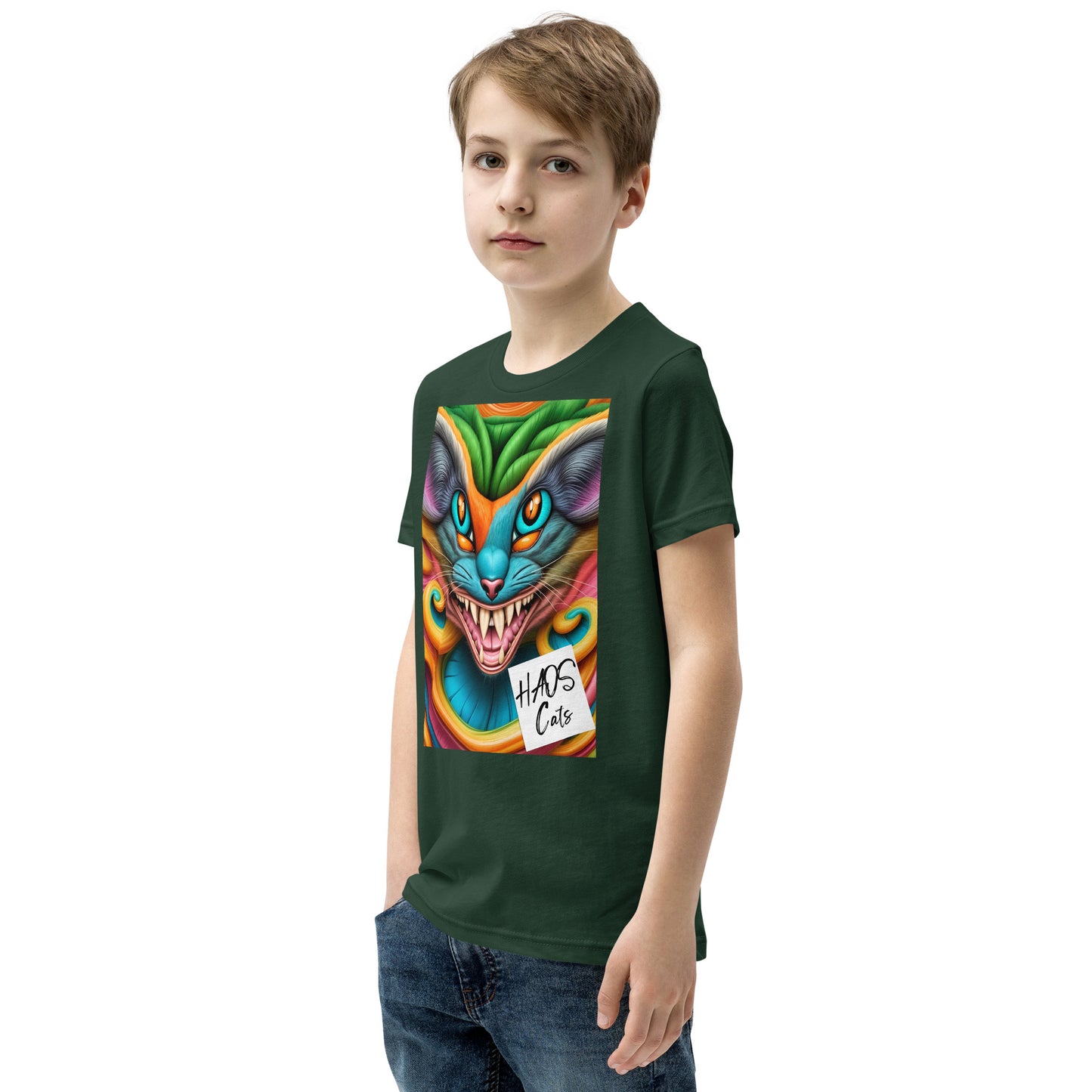 T-shirt a maniche corte per ragazzi. Collezione - HAOS Cats, Design - ANDRBEL STUDIO