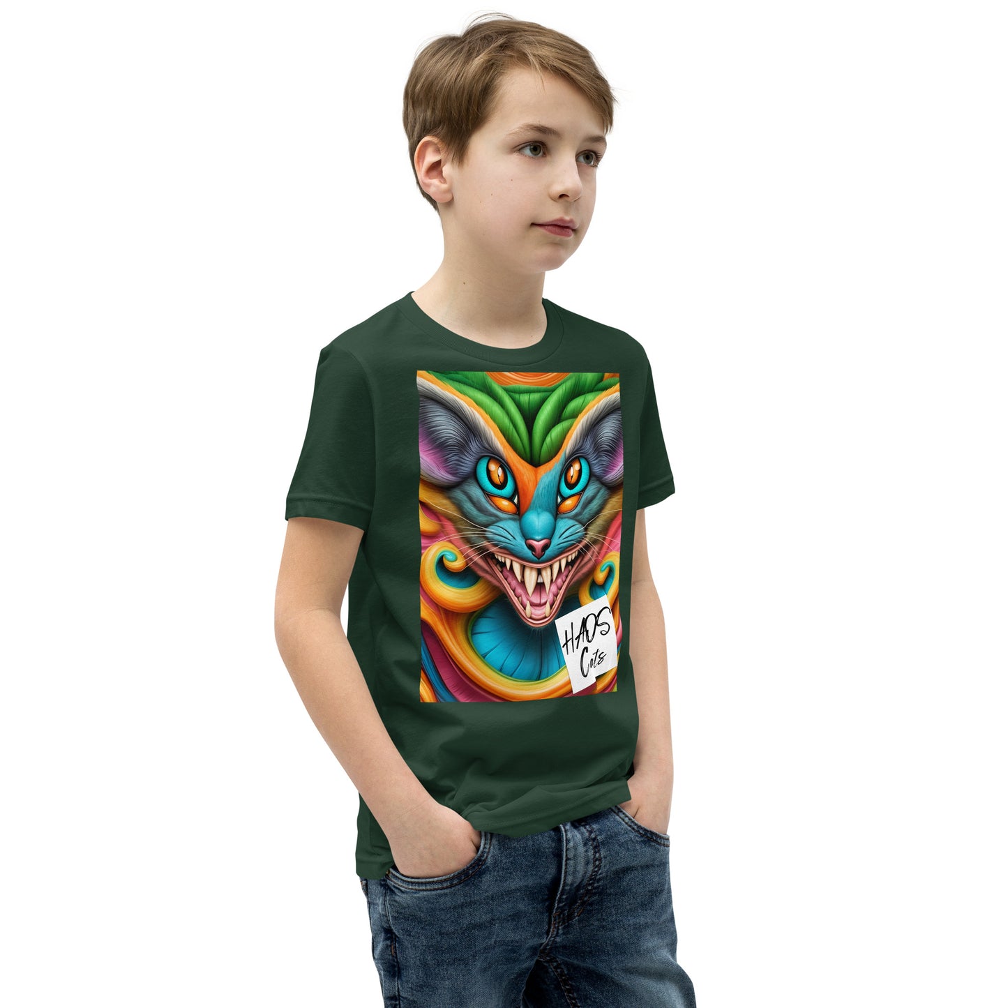 T-shirt a maniche corte per ragazzi. Collezione - HAOS Cats, Design - ANDRBEL STUDIO