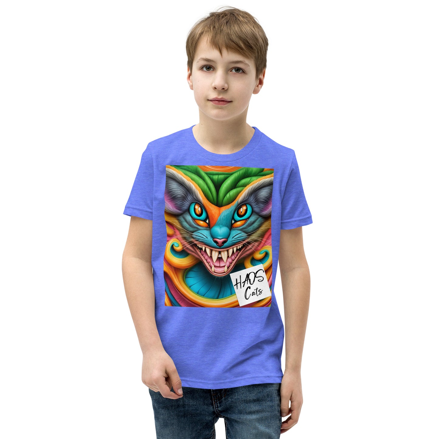 T-shirt a maniche corte per ragazzi. Collezione - HAOS Cats, Design - ANDRBEL STUDIO