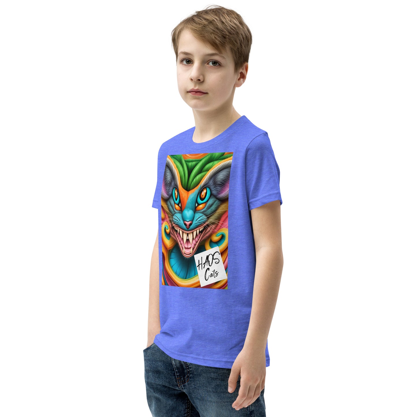 T-shirt a maniche corte per ragazzi. Collezione - HAOS Cats, Design - ANDRBEL STUDIO