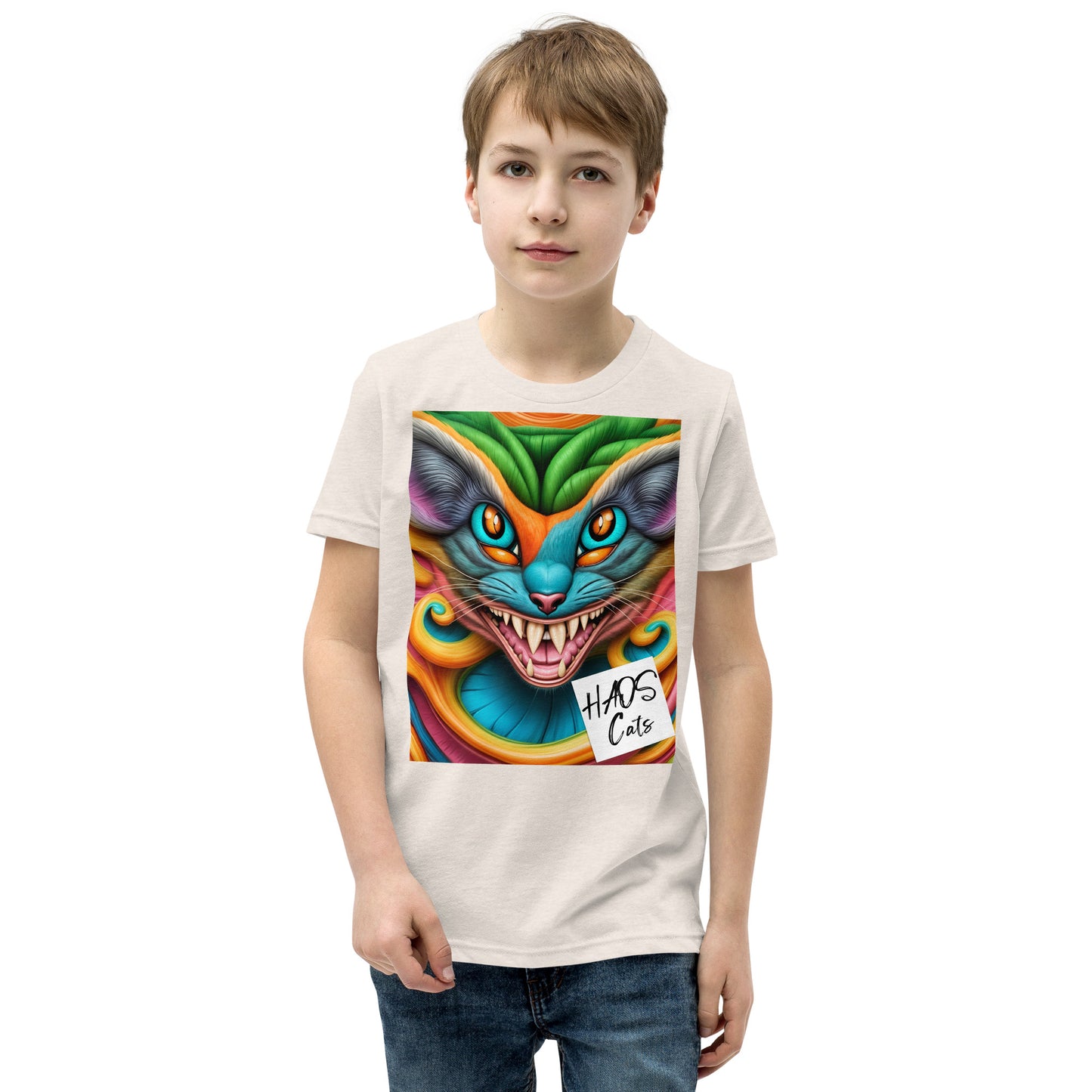 T-shirt a maniche corte per ragazzi. Collezione - HAOS Cats, Design - ANDRBEL STUDIO