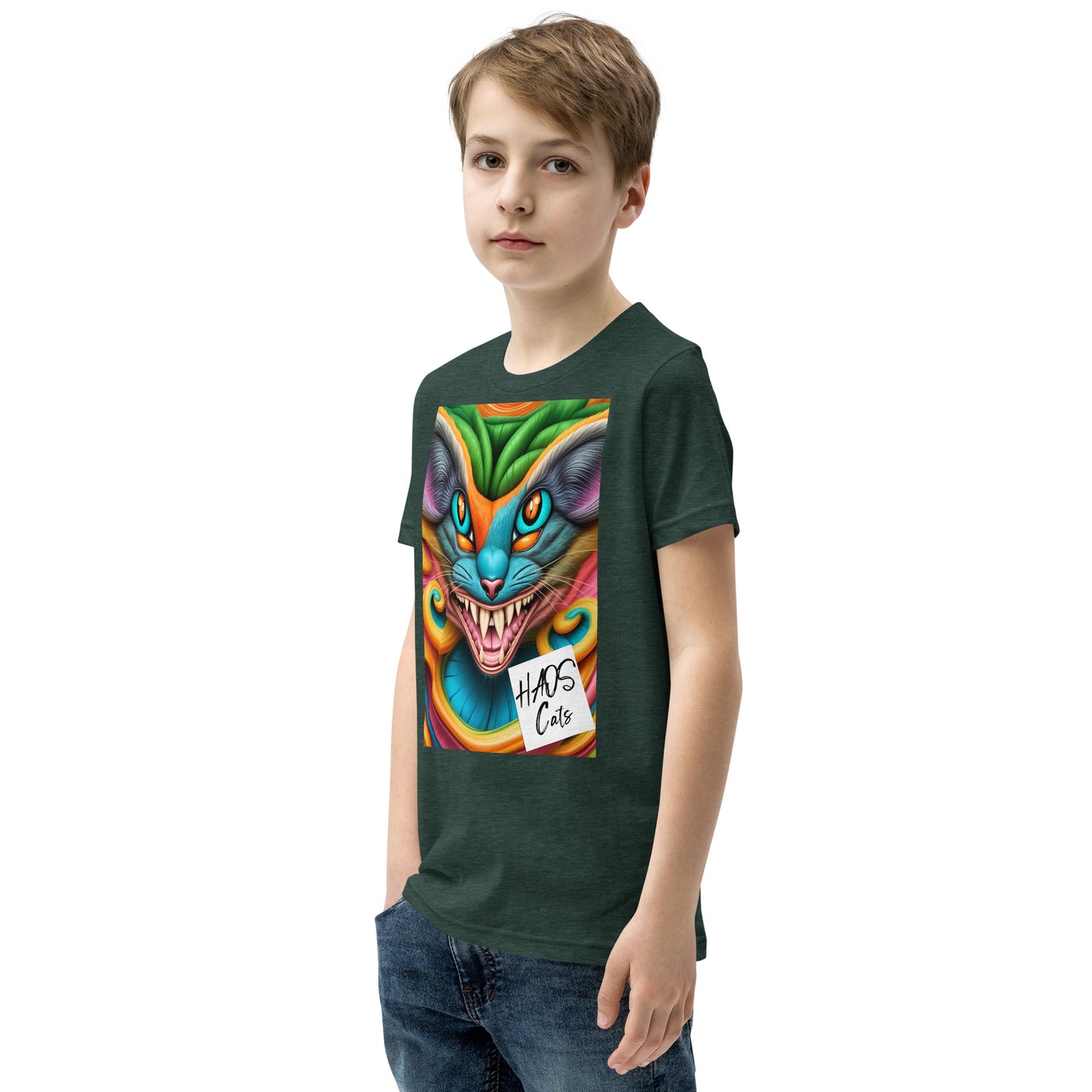 T-shirt a maniche corte per ragazzi. Collezione - HAOS Cats, Design - ANDRBEL STUDIO