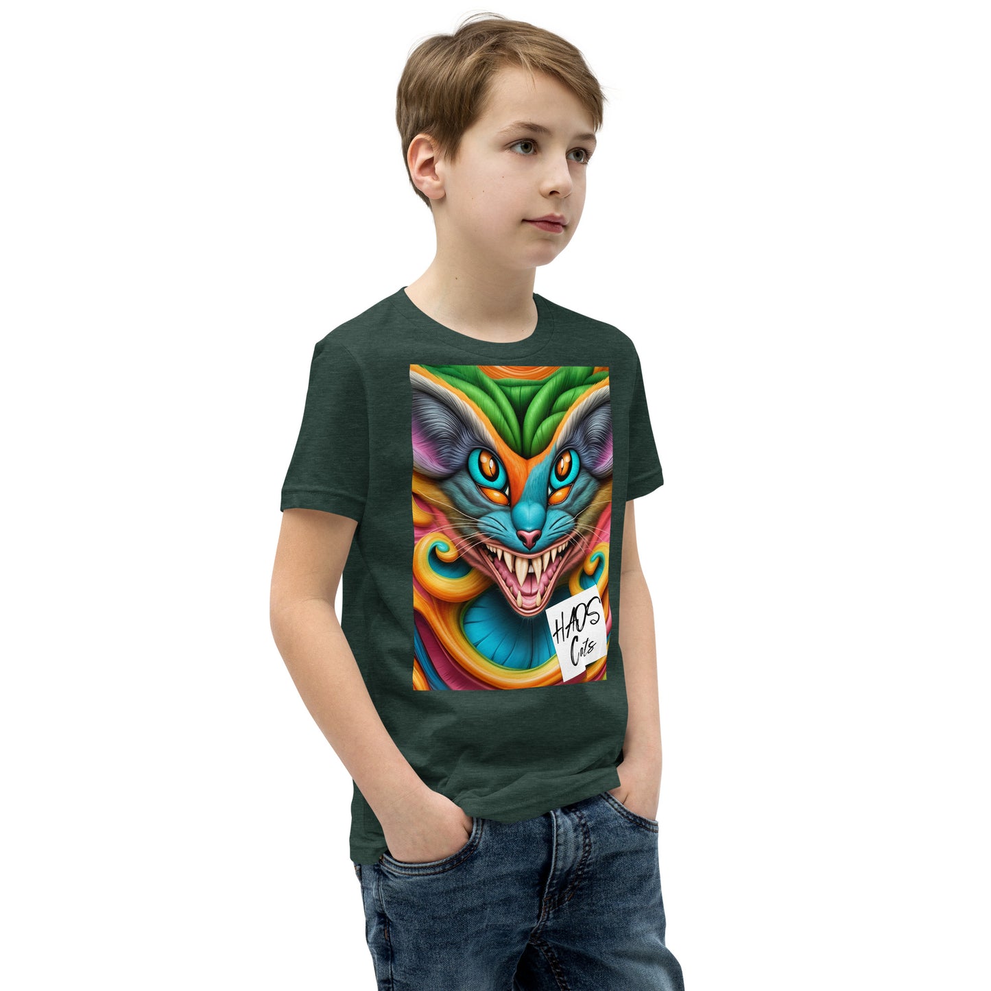 T-shirt a maniche corte per ragazzi. Collezione - HAOS Cats, Design - ANDRBEL STUDIO