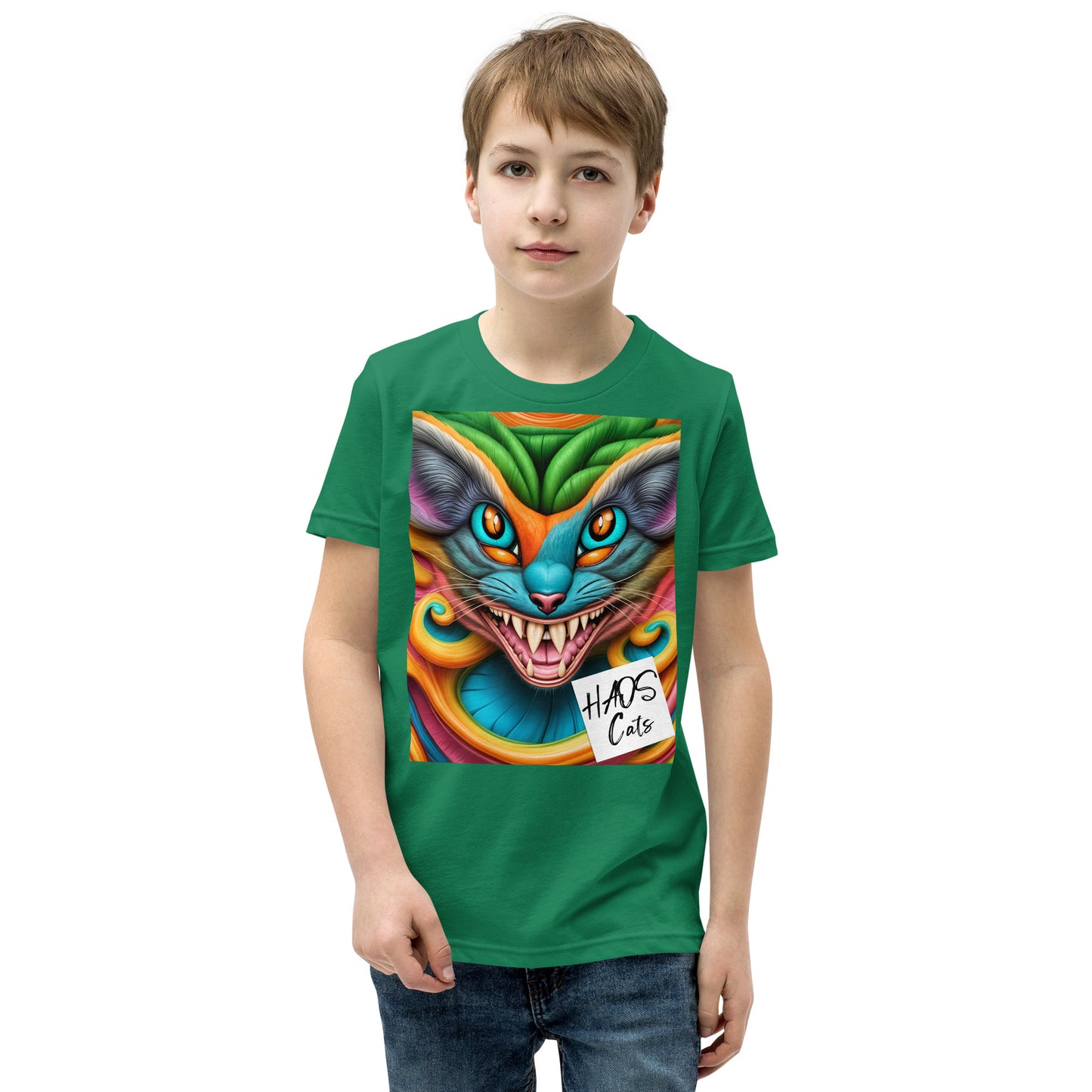 T-shirt a maniche corte per ragazzi. Collezione - HAOS Cats, Design - ANDRBEL STUDIO
