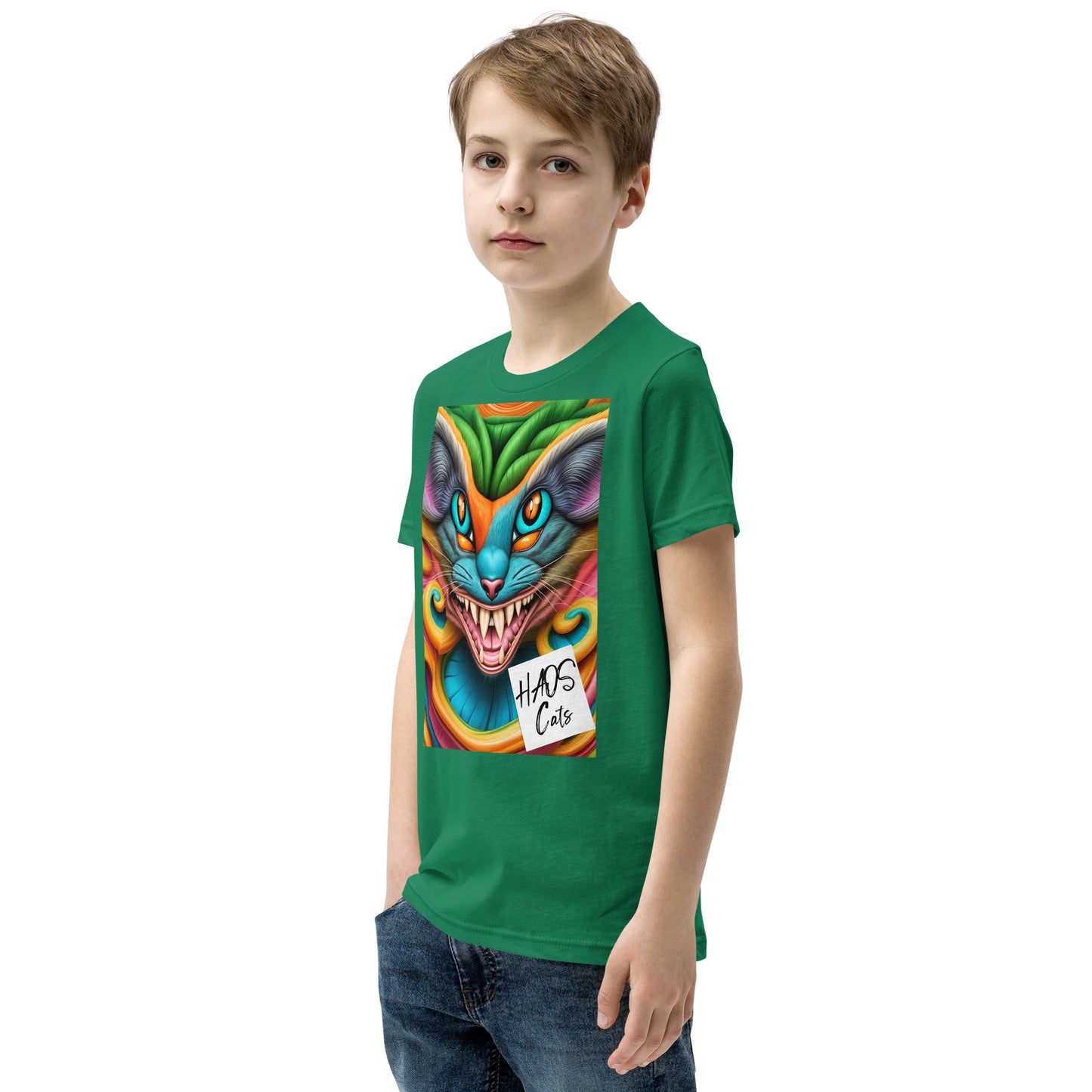 T-shirt a maniche corte per ragazzi. Collezione - HAOS Cats, Design - ANDRBEL STUDIO