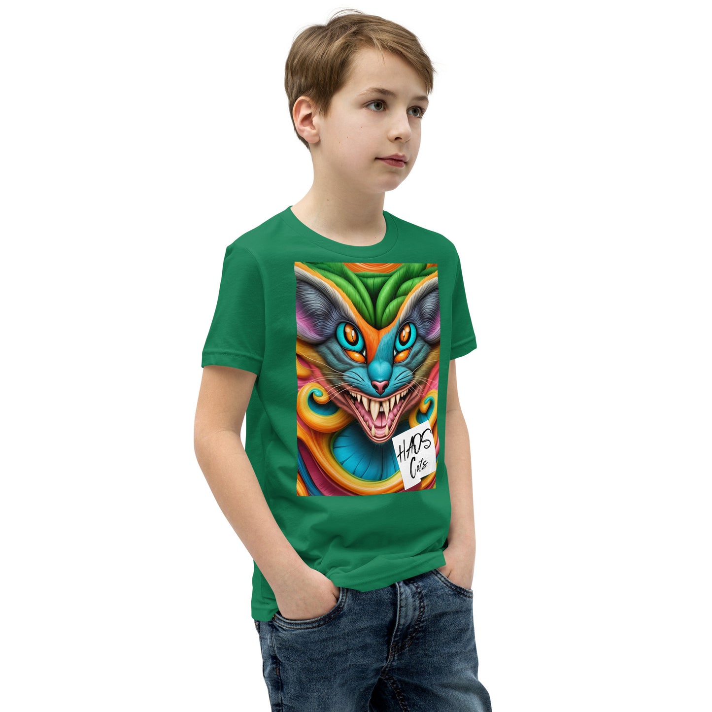 T-shirt a maniche corte per ragazzi. Collezione - HAOS Cats, Design - ANDRBEL STUDIO