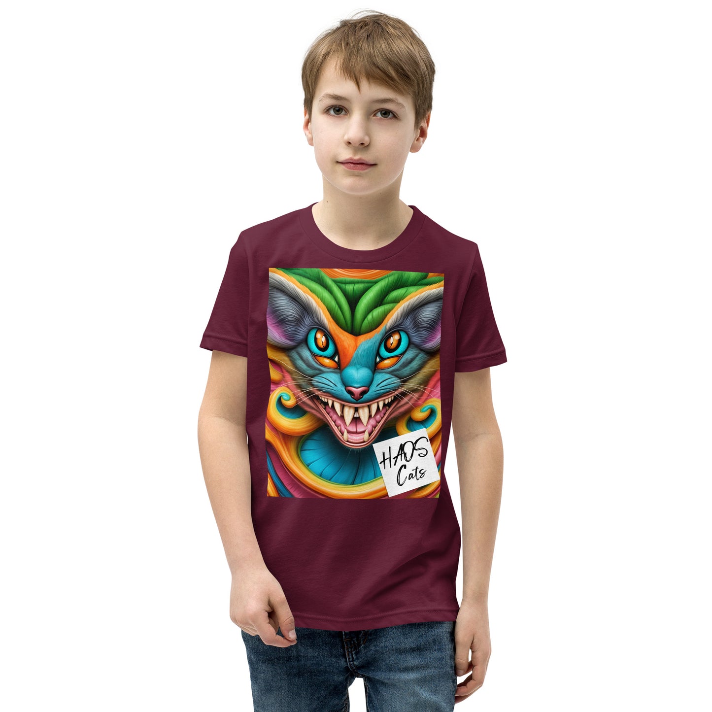 T-shirt a maniche corte per ragazzi. Collezione - HAOS Cats, Design - ANDRBEL STUDIO
