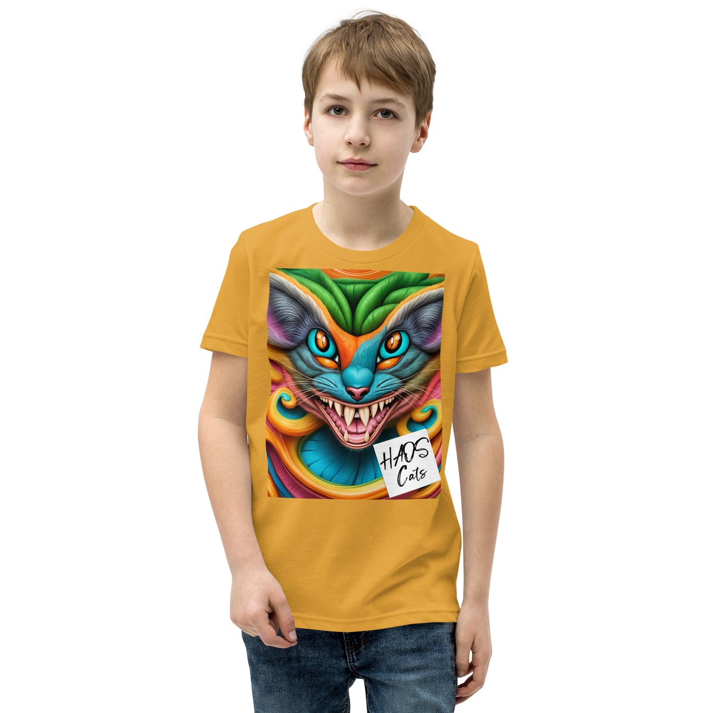 T-shirt a maniche corte per ragazzi. Collezione - HAOS Cats, Design - ANDRBEL STUDIO