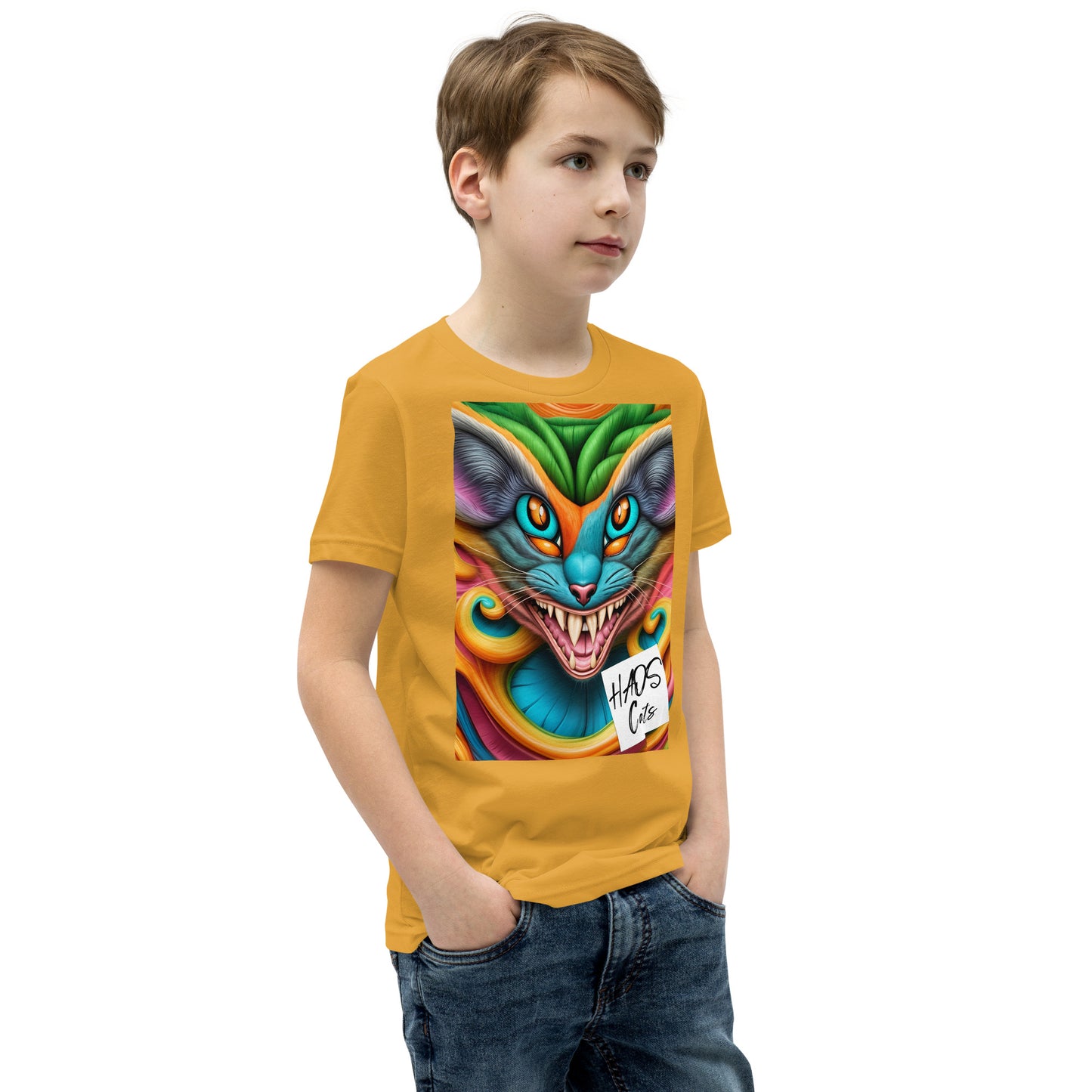 T-shirt a maniche corte per ragazzi. Collezione - HAOS Cats, Design - ANDRBEL STUDIO