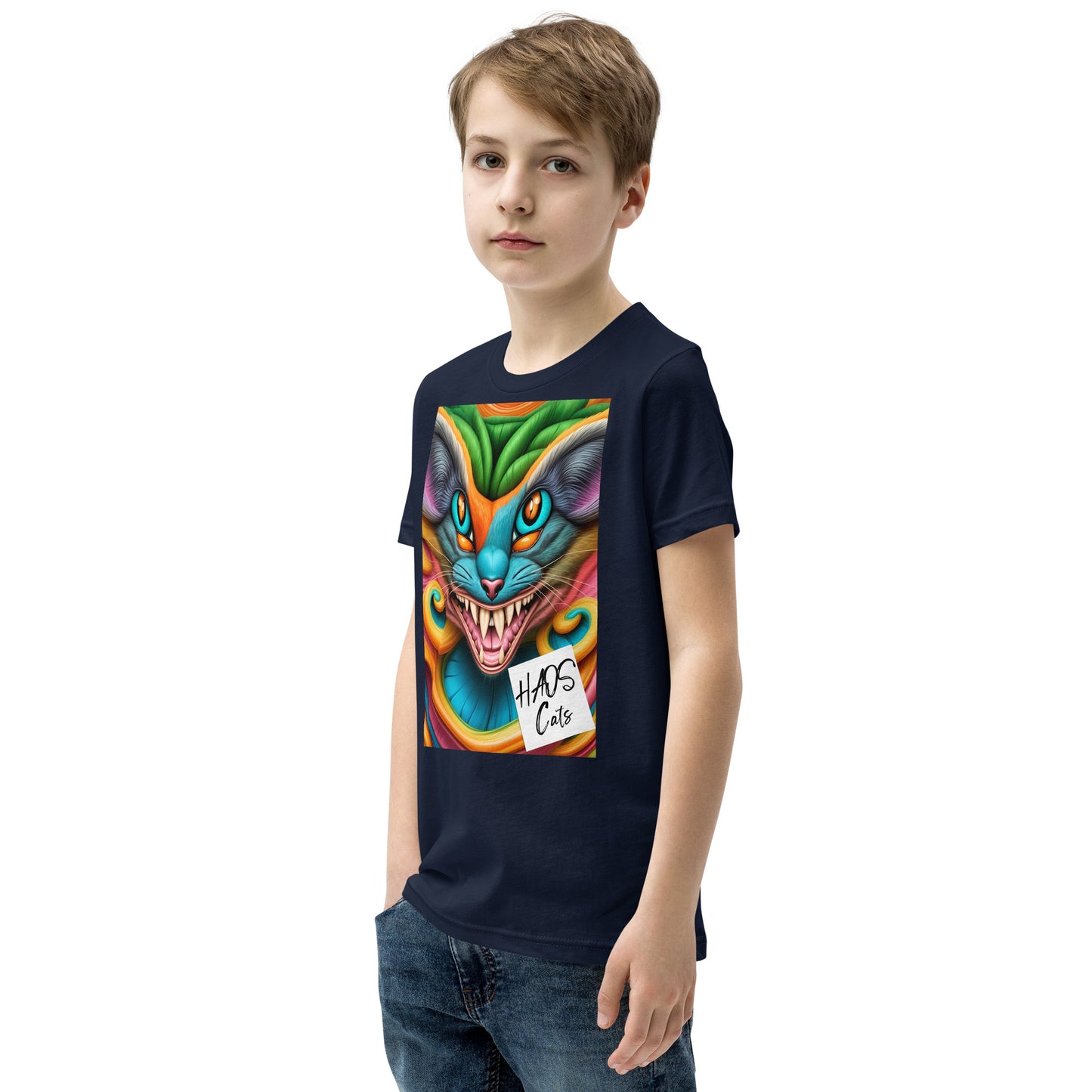 T-shirt a maniche corte per ragazzi. Collezione - HAOS Cats, Design - ANDRBEL STUDIO