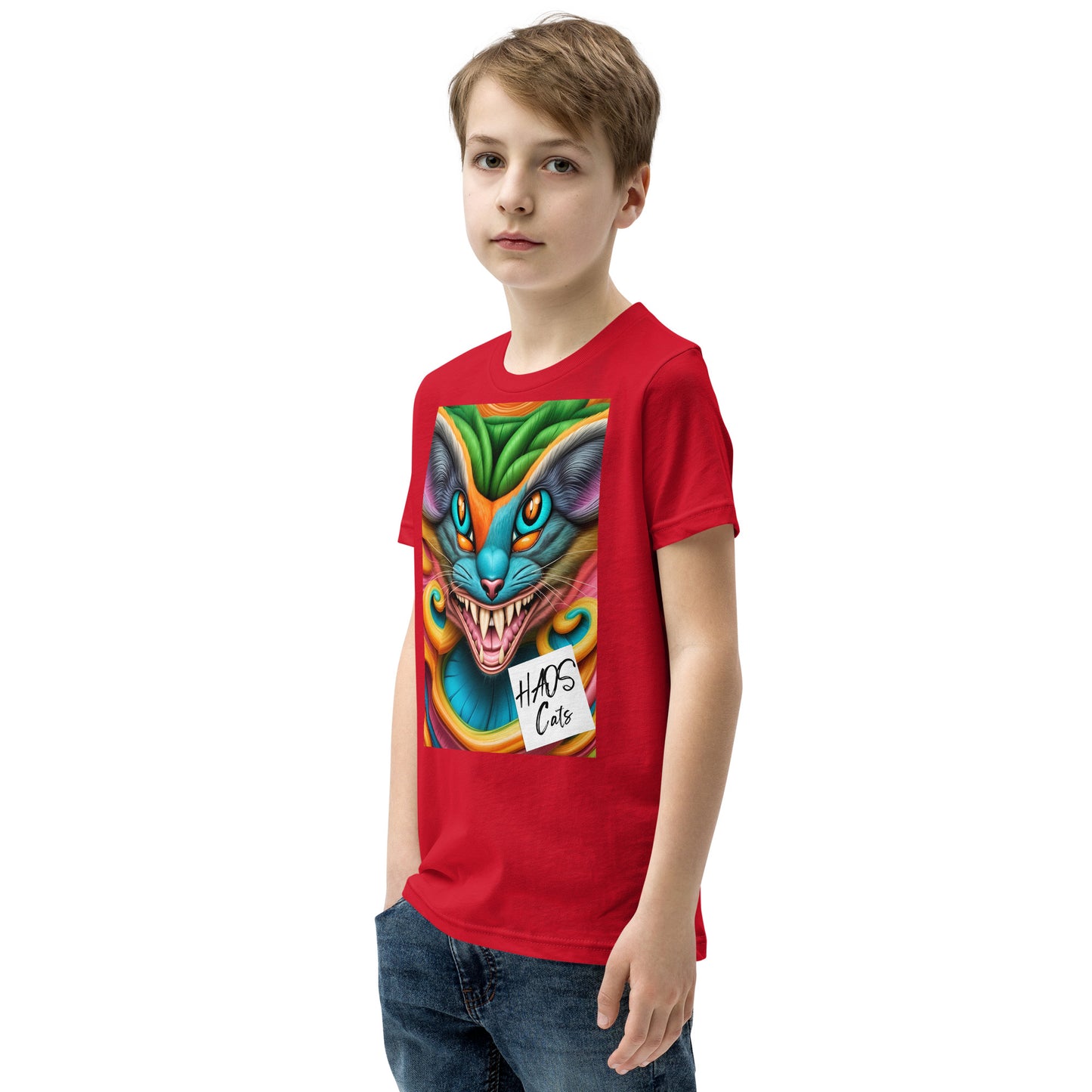 T-shirt a maniche corte per ragazzi. Collezione - HAOS Cats, Design - ANDRBEL STUDIO