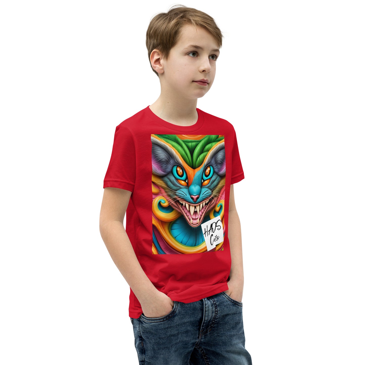 T-shirt a maniche corte per ragazzi. Collezione - HAOS Cats, Design - ANDRBEL STUDIO