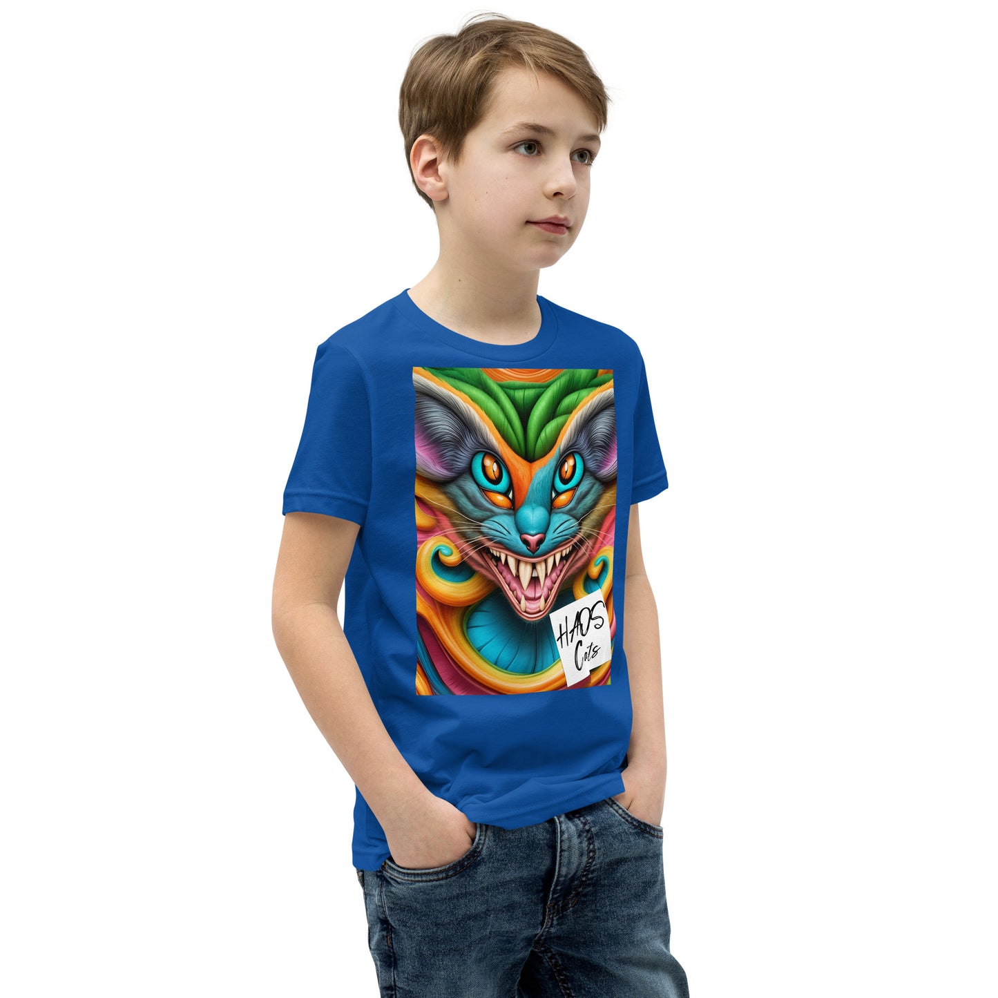 T-shirt a maniche corte per ragazzi. Collezione - HAOS Cats, Design - ANDRBEL STUDIO